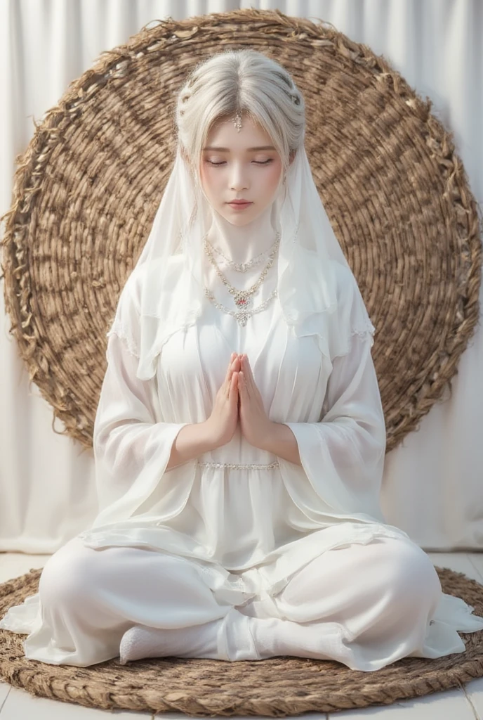 (1 female Bodhisattva: 1.4) sitting on round straw mat, (Indian style: 1.3), sitting on round straw mat, (round straw mat: 1.3), (meditation pose: 1.3), (raising hands, crossed hands , Prayer posture: 1.3), dignified and beautiful, wearing (white silk Buddha clothes: 1.3), (white silk: 1.3), having (white hair: 1.2), (good: 1.2), French braid, white transparent veil, futon , close your eyes, jewelry, necklace, (prayer beads:1.2), (white cloth shoes), white socks, (go to love:1.2) (((veil)))girl，mask，chain，face chain，veil
