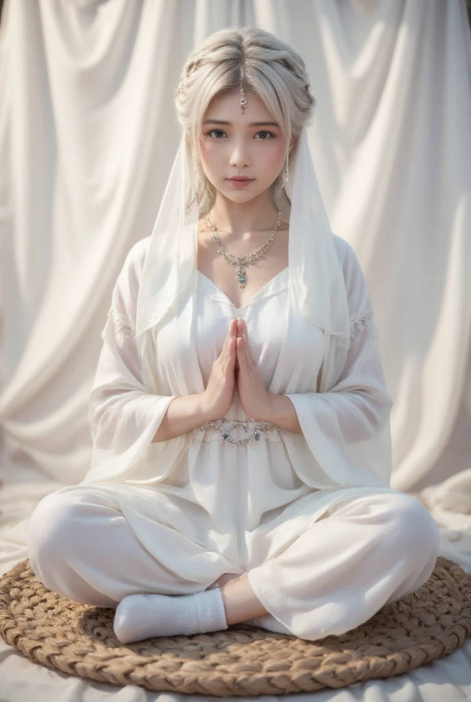 (1 female Bodhisattva: 1.4) sitting on round straw mat, (Indian style: 1.3), sitting on round straw mat, (round straw mat: 1.3), (meditation pose: 1.3), (raising hands, crossed hands , Prayer posture: 1.3), dignified and beautiful, wearing (white silk Buddha clothes: 1.3), (white silk: 1.3), having (white hair: 1.2), (good: 1.2), French braid, white transparent veil, futon , close your eyes, jewelry, necklace, (prayer beads:1.2), (white cloth shoes), white socks, (go to love:1.2) (((veil)))girl，mask，chain，face chain，veil
