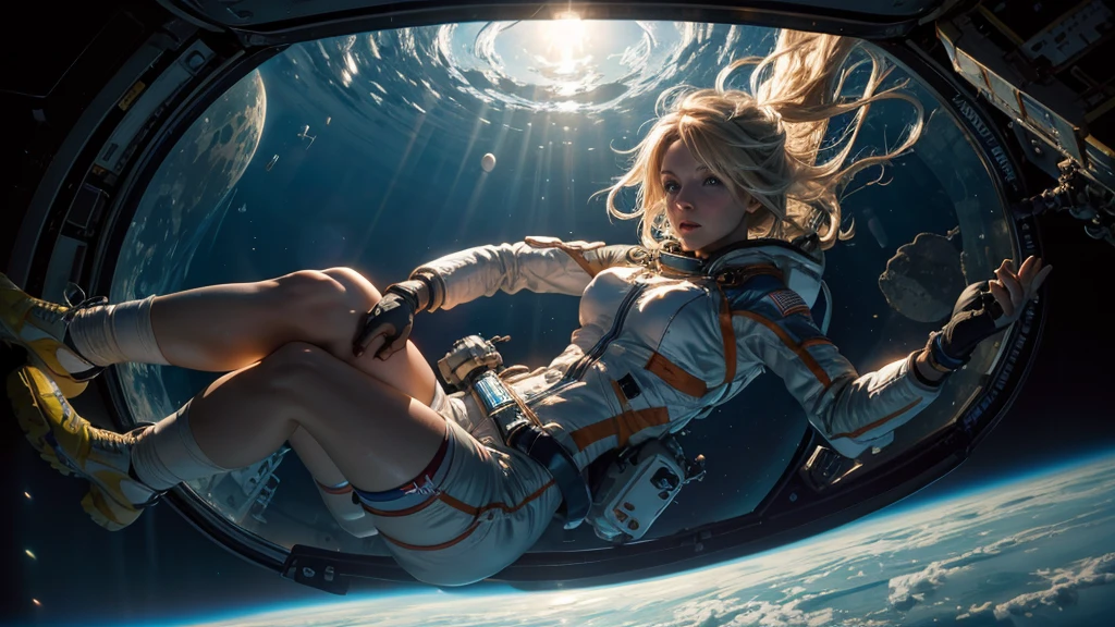 Helen Skelton, floating in zero gravity, afraid, moist skin, full figure, authentic NASA spacesuit, bottomless, blonde hair floating, tiny breasts, onboard derelict space station, cramped, Earth outside, sunbeam shining in through round viewport, floating pen, papers, dramatic light, deep shadows

