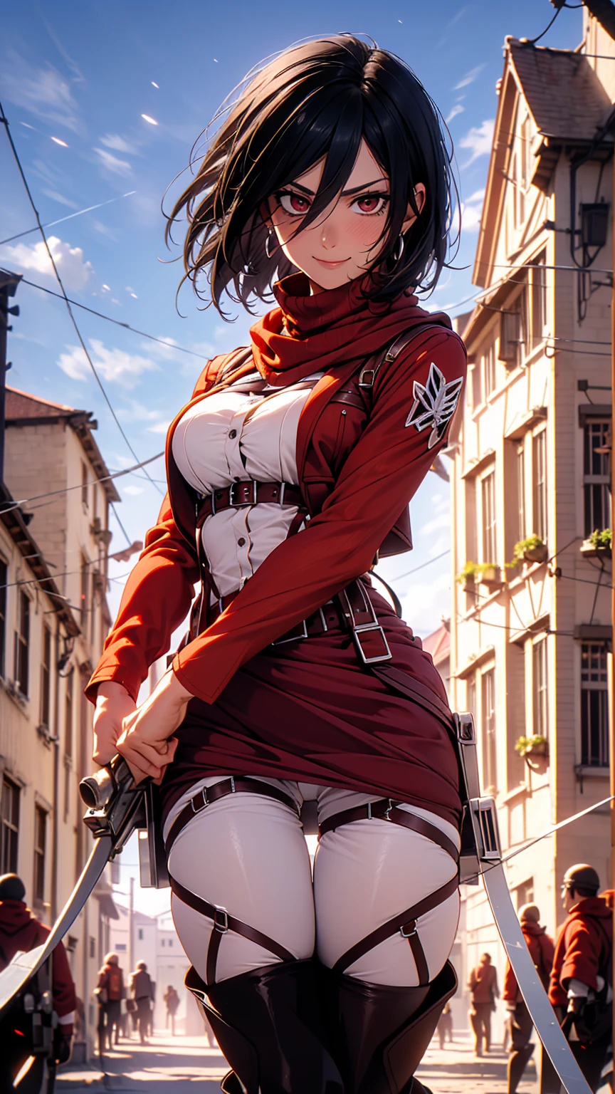  masterpiece , ultra detail,  lyrics, 8k pixels, blush, bright eyes, standing, outdoors, smile, (Evening:1.5),  slim body,   narrow waist ,  Large breasts ,your bramble,short hair,  black hair, red eyes,  bare shoulder , red sweater dress , pantyhose, earrings (mikasa ackerman) () ((muy escotada)) ((enfocate en los pechos)) ((pechos descubiertos)) (bufanda roja) 