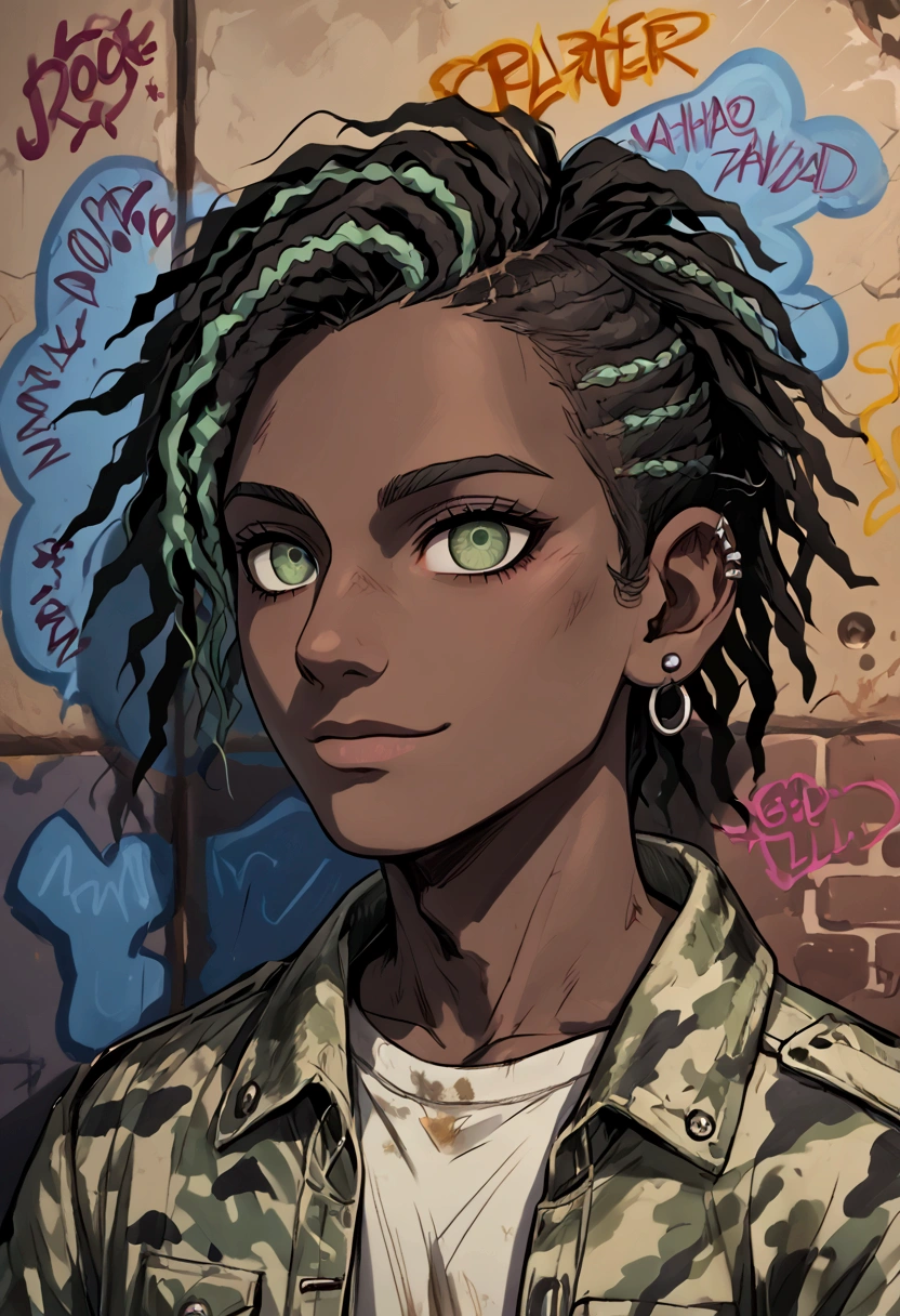  
(foco frontal), (8k, 4k, intricate),(closeup-shot:1), (highly detailed:1.2),(((detailed background:1.2,graffiti walls, apocalyptic alleyway)))teal green eyes, dark skinned pretty boy with ear piercings standing for a photo, he wears an green jacket with camo pattern,  yellow fur-collared jacket, dark brown shirt, Killmonger hairstyle, faded haircut, short dreadlocks{{light green highlights}}}, detailed character portrait, portrait of a athletic male character, colored sketch, demon slayer rui fanart, unrealistic character concept , apocalyptic desert, apocalyptic background, night time), Masterpiece, best quality, {best quality}, {{masterpiece}}, {highres}, focus, anime style, baggy eyes,, smiling,, African-American model,, colored sketch, fanart, digital art from danganronpa, drawn in the style of mark arian, androgynous black boy who looks like Lucio, stylized portrait, solo portrait 🎨🖌️, a character portrait