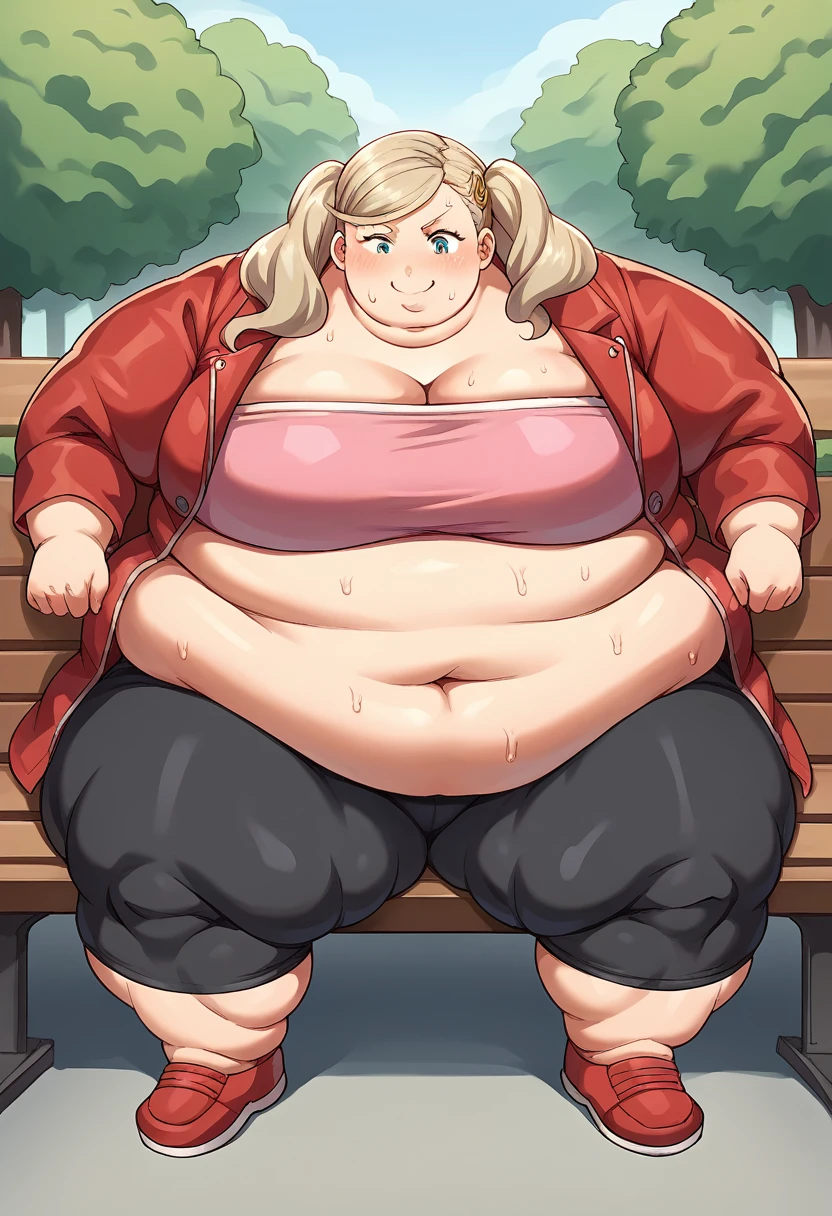 score_9, score_8_up, score_7_up, source_anime BREAK 1girl, takamaki ann, ganryu, tube top, red jacket, black bike shorts, park, smile, sitting on bench, sweating, growing fatter, fat, chubby, obese, farting, full body shot, gigantic arms and legs