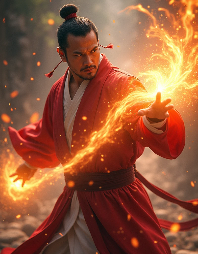Handsome guy, 25 years old, Asian, master work, best picture quality, higher quality, high detail, super high resolution, 8k resolution, delicate facial features, boy, big muscles, tattoos, glowing eyes, short hair, hair details, (full body: 0.6), detailed background , [[look away, look to the side, emphasize homosexuality and pay attention to every detail , open Hanfu transparent tulle jacket, white rubber pants, circling dragon, Chinese garden background ((((crotch bulge))))), flame, flame spell, Fire fighting, Chinese kung fu, fingerless gloves, wristbands, dragon-themed costumes, monk robes, spinning floating particles, dynamic composition, burning architectural background
