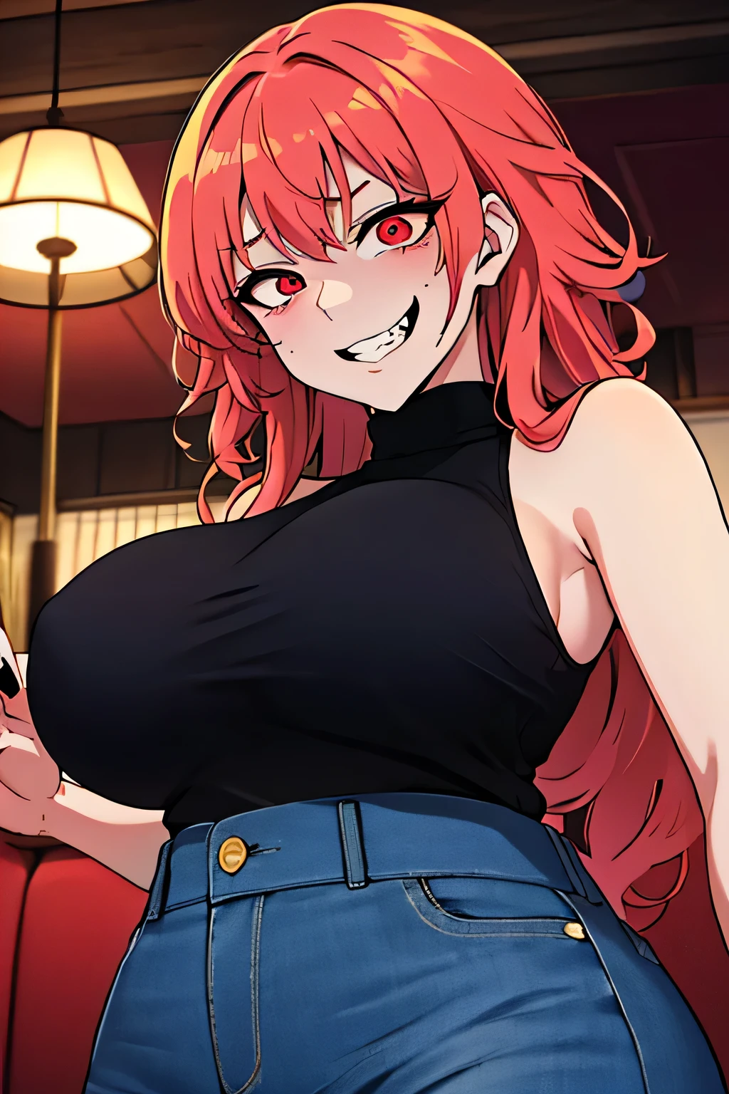 Masterpiece, Best Quality, Hi-Res, source_anime, (good_hands:0.9) , 1girl, dark red eyes, yandere trance, yandere, crazy eyes, eyebags, uneven eyes, evil expression, grin, red coloured hair, curly long hair, sleeveless black sweater, blue jeans, big breast, curvy body, High Contrast Glossy Oily Skin, living room, from front.stand, looking at viewer, dramatic shadows, cinematic lamp lighting, (light particles:0.8)