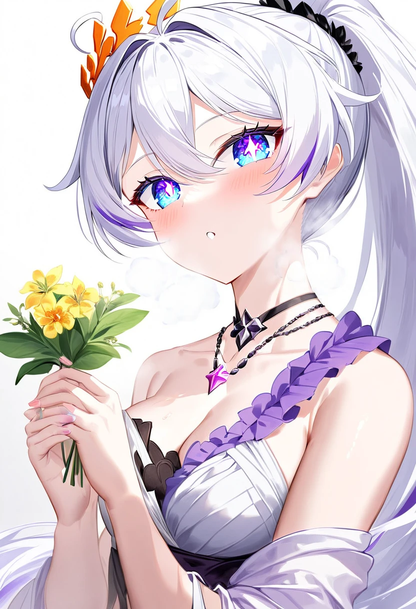 score_9, score_8_up, score_7_up, masterpiece, best quality, absurdres, vibrant, highly detailed, 1girl, adult grown woman, kiana kaslana \(honkai impact 3rd\), herrscher of finality, white hair, ahoge, ponytail, very long hair, blue eyes, symbol-shaped pupils, blush, heavy breathing, elegant draped toga, (ancient Greek style:1.4), golden laurel crown, holding flower, holding, flower