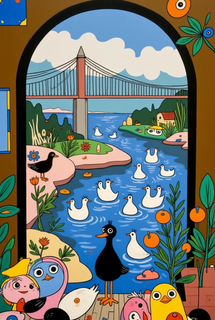 Under the bridge in front of the door，A flock of ducks swam over。Come and count。24678