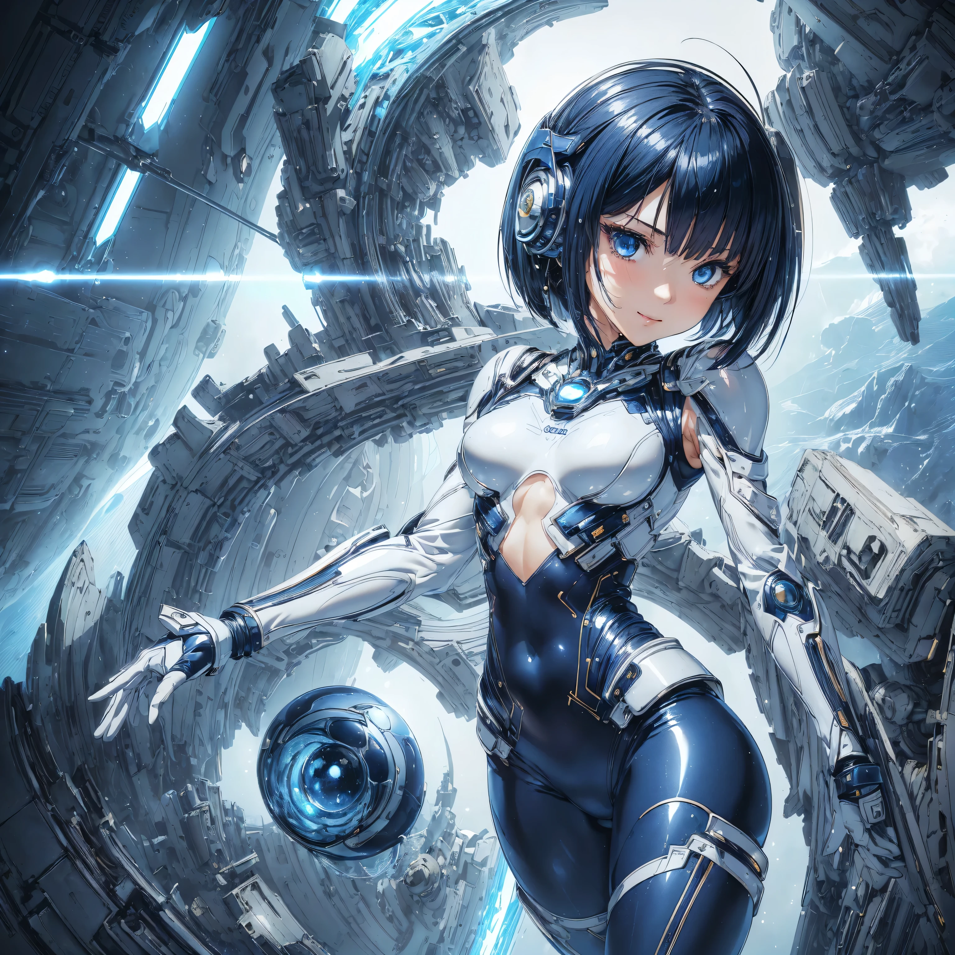 (masterpiece、Highest quality、Highest Resolution、Clear_image、Detailed details): (Whole body、One 20 year old girl、Japanese Faces、Small Face、Slender、Navy blue super short bob cut hair、(Hidden small breasts:1.3)、Sparkling blue eyes、Shiny pilot suit in white, blue and black colors、Chest protection armor、Tight fitting clothes、Clothing that covers the whole body、Glamorous clothes、Tight Fit Pants、Hide your skin、Very delicate and beautiful、Detailed Skin、hide thighs、Hide your ass、Cute、A gentle smile、Soft expression、heroine、headset、Knee-high boots、Elbow-length gloves、Eye Level Shot、Peace talks between warring factions,attention arousal, smart blue eyes,Face directly、Woman on a spaceship)