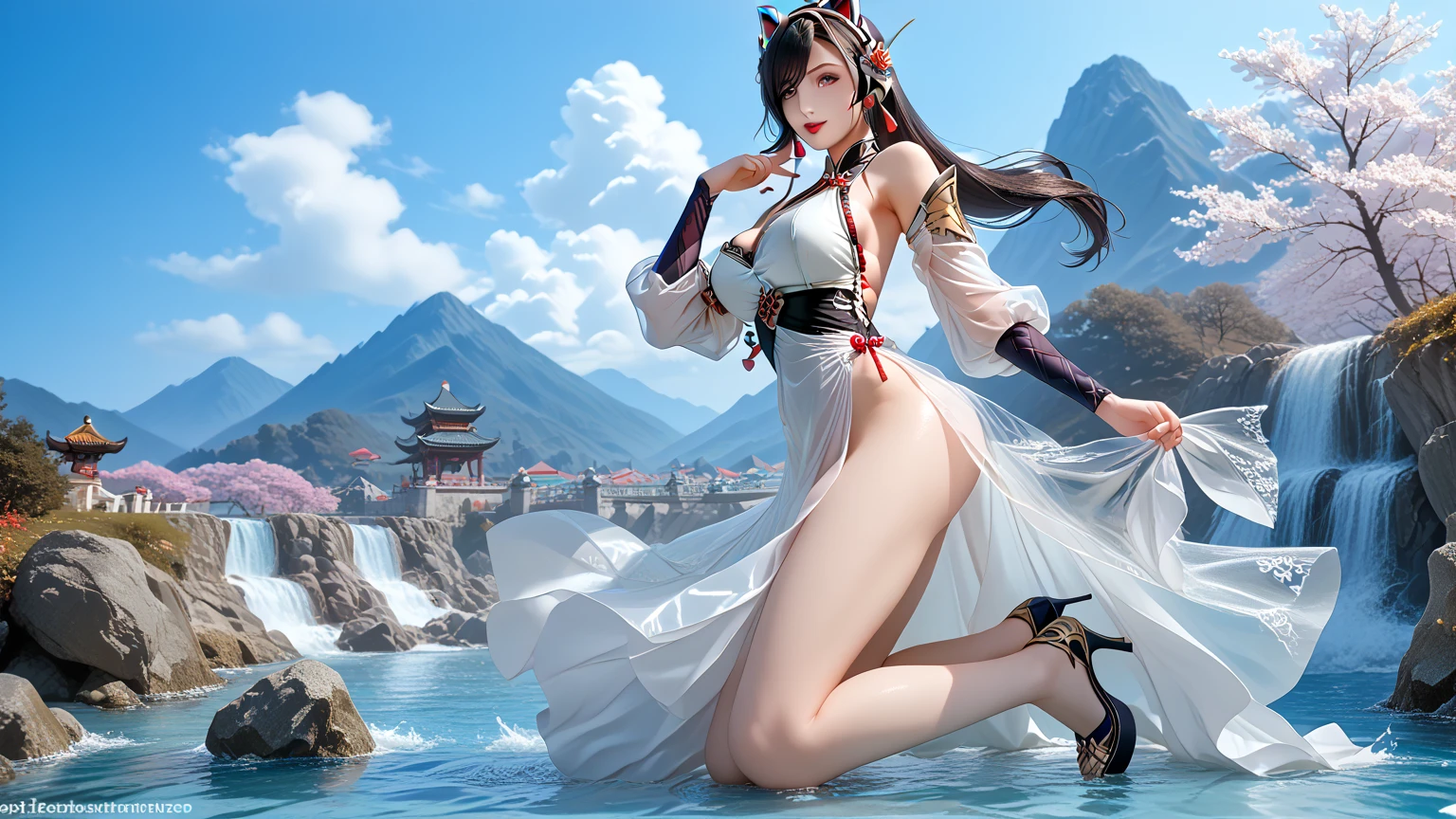 An empress in a transparent dress， legs and five fingers( perfect detail : 1.5, 8K Wallpaper, masterpiece,  best quality,  super detailed)，（ Beautiful Breasts ， Color_aberration， Beautiful detailed shadows，  Beautiful Eyes ，  beautiful body ，  beautiful skin， Beautiful hands：1.5），Fujifilm XT3  clearly focuses , f 5.6,  high detail ,  clearly focuses , ( natural light), (tempting)translucent, Good velvet quality, contrast, Divine Light,, Night sky background, Absolute Strength,Female gods，穿着性感融合奇幻与科幻的紧身战斗服的Female gods,， big breasts ， beautiful  ， golden ratio body ，Beautiful figure， ultra-wide-angle shot ，Full body shot， body close-up ，Full body shot， Wearing a lace dress,  Model Shooting Style , (Extremely detailed CG 8k wallpaper unit), The most beautiful artistic photos in the world, ,  8K Ultra HD , ) ，Sexy pose， Sexy Emotions ， best quality,masterpiece,super high resolution,( actual :1.4), original photo,super high resolution, ponytail, Hairpin, Hairband, Cat ear headphones, Happy， big breasts ，Big breasts