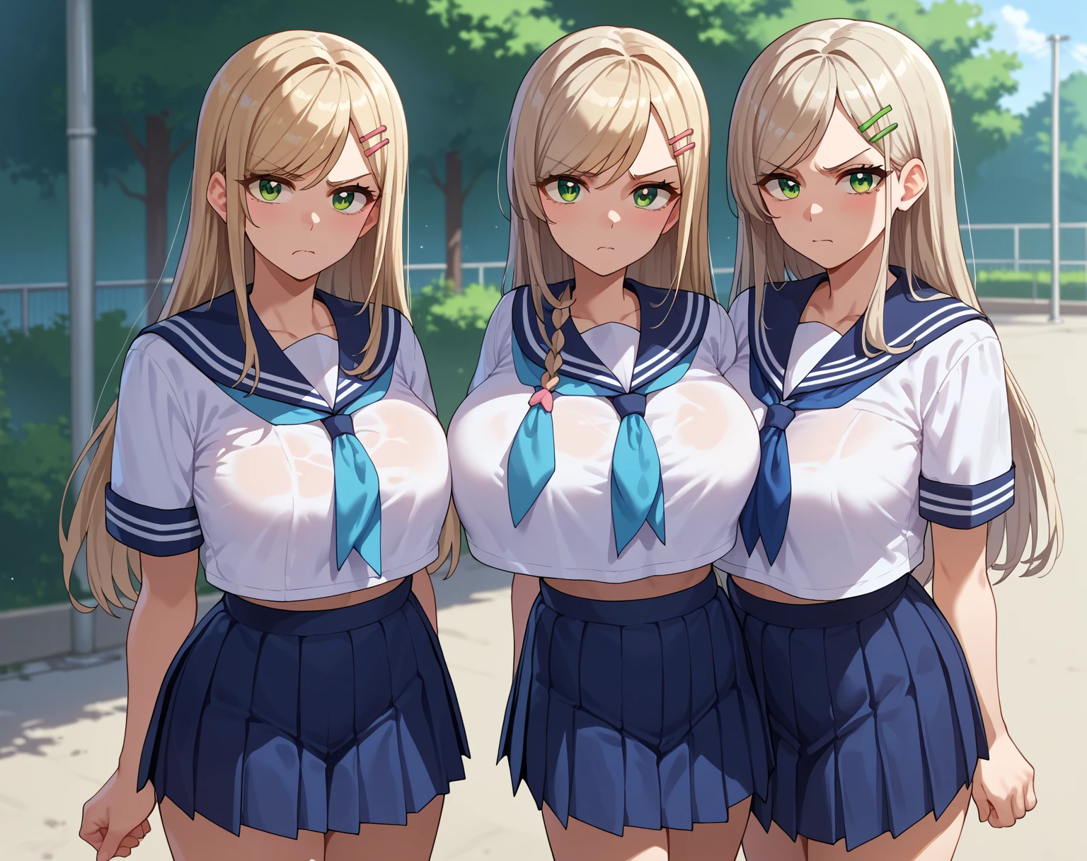 {{score_9, score_8_up, score_7_up, score_6_up, score_5_up, score_4_up, source_anime}} outdoors, school, 2girls, two girls next to each other, cowboy shot, looking at viewer, platinum blonde hair, swept bangs, long hair, pink hairclip, green eyes, large breasts, serafuku, sailor shirt, blue neckerchief, pleated skirt, annoyed,