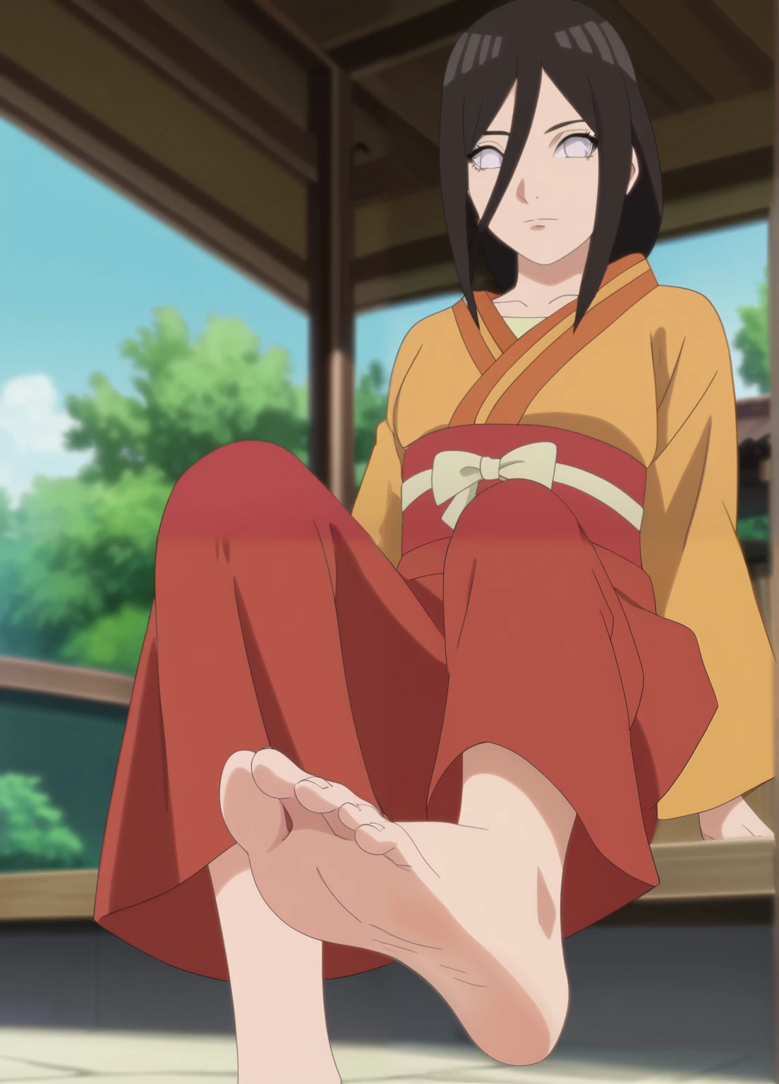 Score_9, score_8_up, source_anime, 1girl, Hanabi Hyuga, long black hair, large white eyes, yellow kimono blouse, traditional long red skirt held closed by a simple white obi, alone, looking at viewer, in a garden, sitting, cowboy shot, ANIME SCREENCAP, anime coloring, barefoot, perfect feet, anatomically correct, soles, low angle, focal length 35mm, each foot has five toes, front, symmetrical soles, foot focus