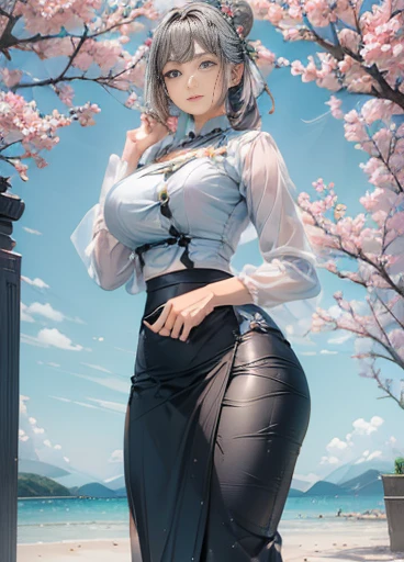 photorealistic, high resolution, masterpiec e best quality ultra-detailed, 1women. (m edium breast), hair bun, jesmine flower o n the head, mature female, solo, hips up, (wearing acmmsayarma outfit, acmmsaya rma white top with buttons, long sleeves), ((acmmsayarma black long skirt) 281/2000