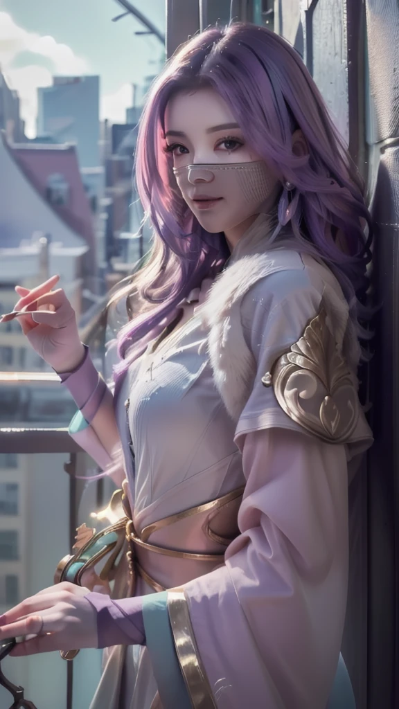 1girl,(masterpiece:1.4, best quality),medium breasts,(intricate details),unity 8k wallpaper,ultra detailed,(pastel colors:1.3),beautiful and aesthetic,detailed,solo, purple hair, luo_yi_ml, mouth veil 