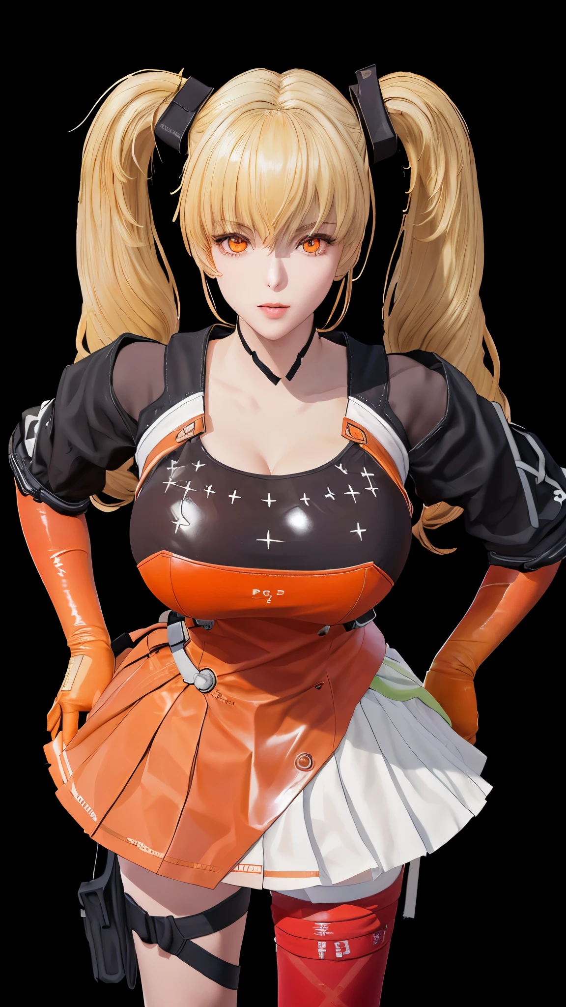 (（（figure，御姐figure,White and tender skin,（（（FenNib , long_sleeves_skirt, red_single_thighhigh, thigh_holster, elbow_gloves, strap, ）））,(（（twintails, Blonde_hair, orange_eyes,））),，((masterpiece)), highres icon,((Best quality at best)),masterpiece,quality,Best quality,(（（  is open to the audience，Light in the eyes）））， huge ，）））