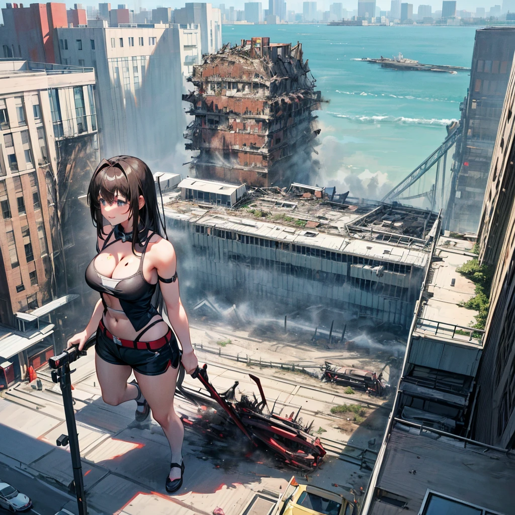 Giantess, long sexy legs, yellow hair, bikini, lying on the ground, city at her feet burns in flames for the destruction she has caused, tiny people climb on her body to try to defeat her uselessly. Giantess, goddess, macrophilia, curvaceous body, hentai, fetish, sexy legs, bikini, high heels, high quality, tiny people, people climbing body, giantess body, small people