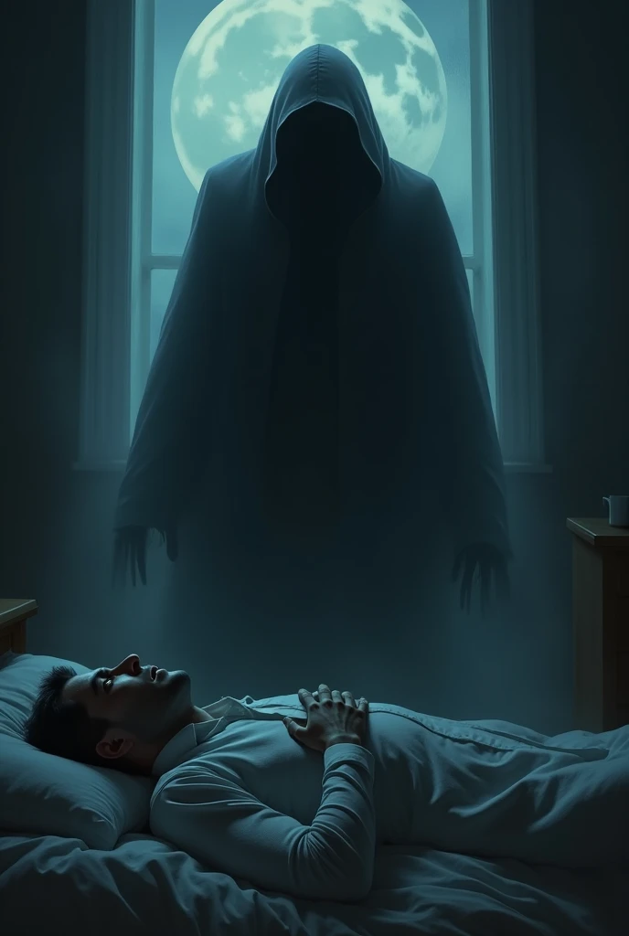 A young man lies rigid on his bed, eyes wide in terror as he experiences sleep paralysis. Above him hovers a ghostly, Dementor-like figure, inspired by the Deathly Hallows symbol from Harry Potter. The figure, shrouded in darkness with a tattered cloak and hollow eyes, exudes an eerie, menacing presence. The room is dimly lit, shadows creeping in, intensifying the atmosphere of dread and helplessness.