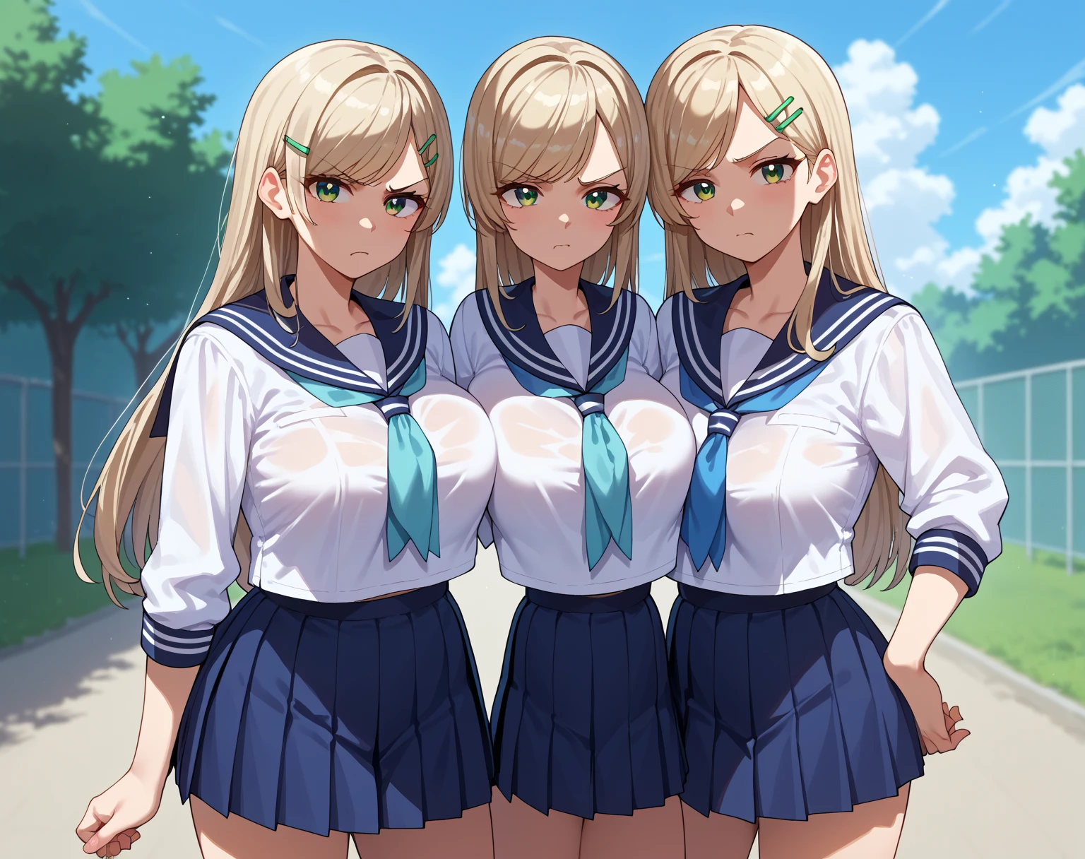 {{score_9, score_8_up, score_7_up, score_6_up, score_5_up, score_4_up, source_anime}} outdoors, school, 2girls, two girls next to each other, cowboy shot, looking at viewer, platinum blonde hair, swept bangs, long hair, pink hairclip, green eyes, large breasts, serafuku, sailor shirt, blue neckerchief, pleated skirt, annoyed,