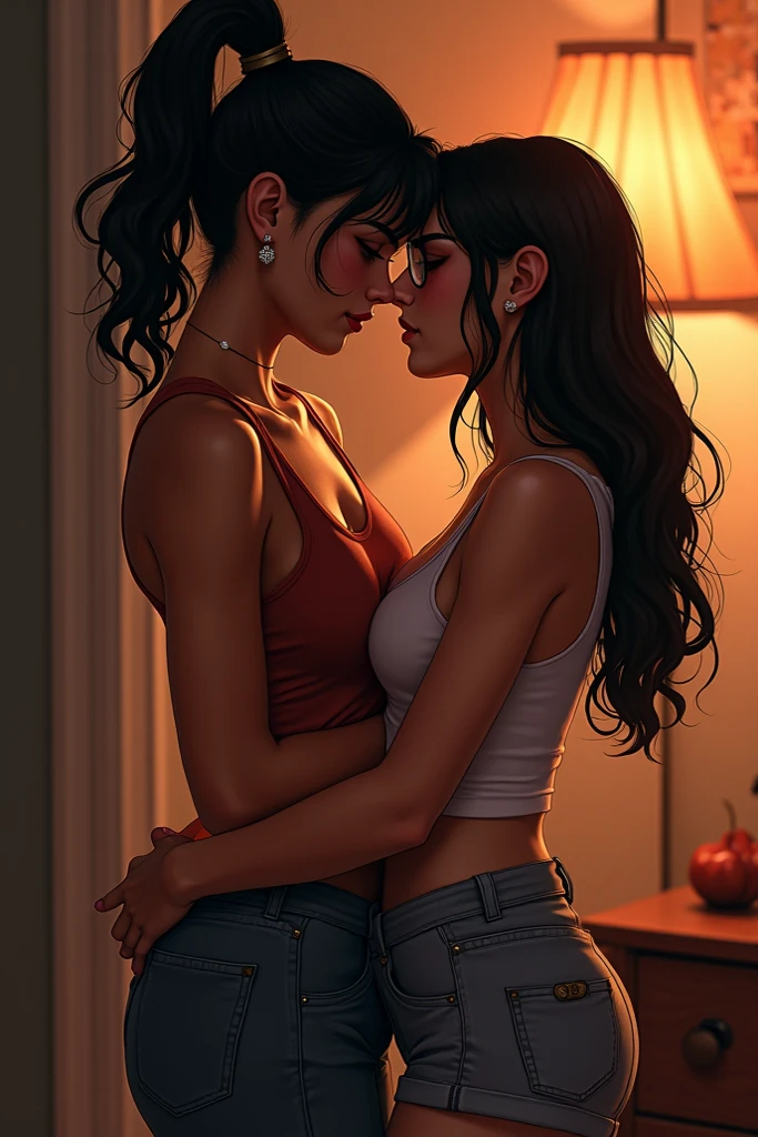 (photorealism:1.2),  2 beautiful Japanese woman penetrating making love, sitting on bed, nude, long curly hair, indoors, soft lighting, plants in background, window with sunlight, cozy room, relaxed pose, realistic, intricate details, warm colors, by Greg Rutkowski, by Alphonse Mucha