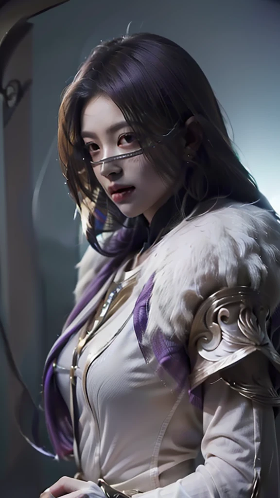 1girl,(masterpiece:1.4, best quality),medium breasts,(intricate details),unity 8k wallpaper,ultra detailed,beautiful and aesthetic,detailed,solo, purple hair, luo_yi_ml, mouth veil 