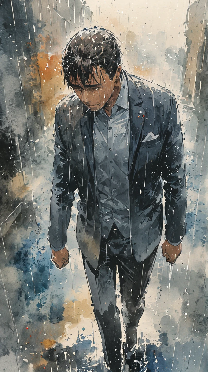 watercolor painting of a man in suit in the rain. full body shot of the man who is soaked under the rain. he tilts his head up to face the rain, the rainwater flows down his face. he is walking in the street, holding his hands out to feel the rain. watercolor brushes stroke painting style. the sky is dark.