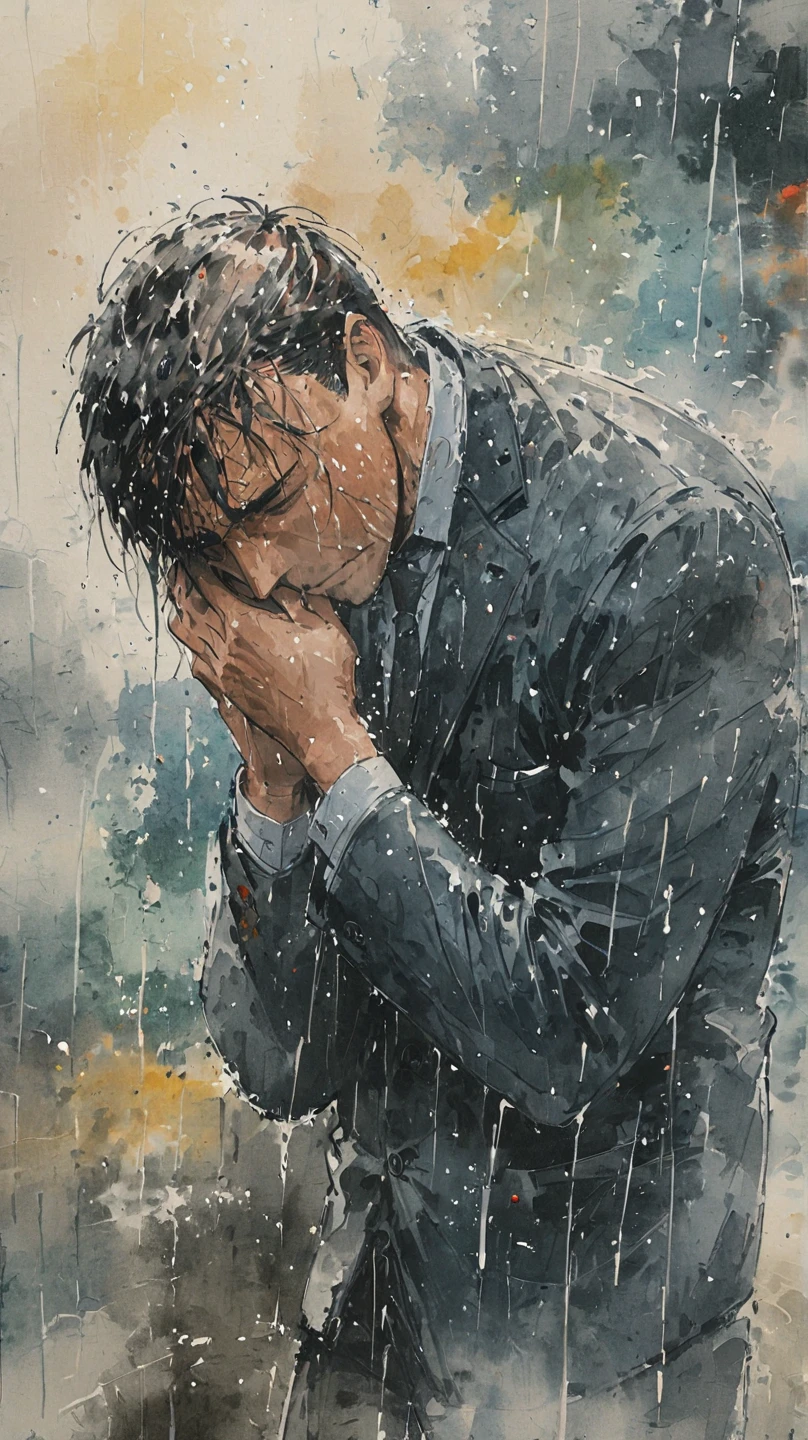 watercolor painting of a man in suit in the rain. full body shot of the man who is soaked under the rain. he tilts his head up to face the rain, the rainwater flows down his face. he is walking in the street, holding his hands out to feel the rain. watercolor brushes stroke painting style. the sky is dark.