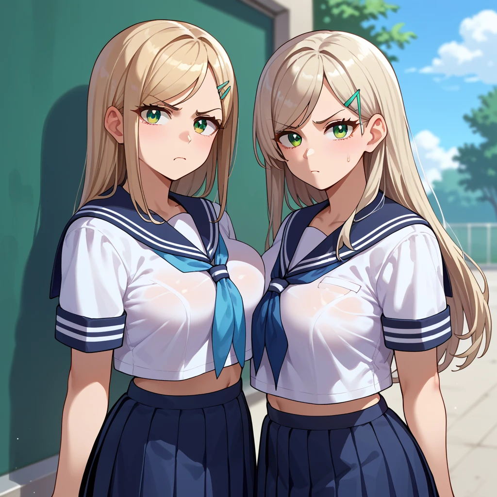 {{score_9, score_8_up, score_7_up, score_6_up, score_5_up, score_4_up, source_anime}} outdoors, school, 2girls, two girls next to each other, cowboy shot, looking at viewer, platinum blonde hair, swept bangs, long hair, pink hairclip, green eyes, large breasts, serafuku, sailor shirt, blue neckerchief, pleated skirt, annoyed,