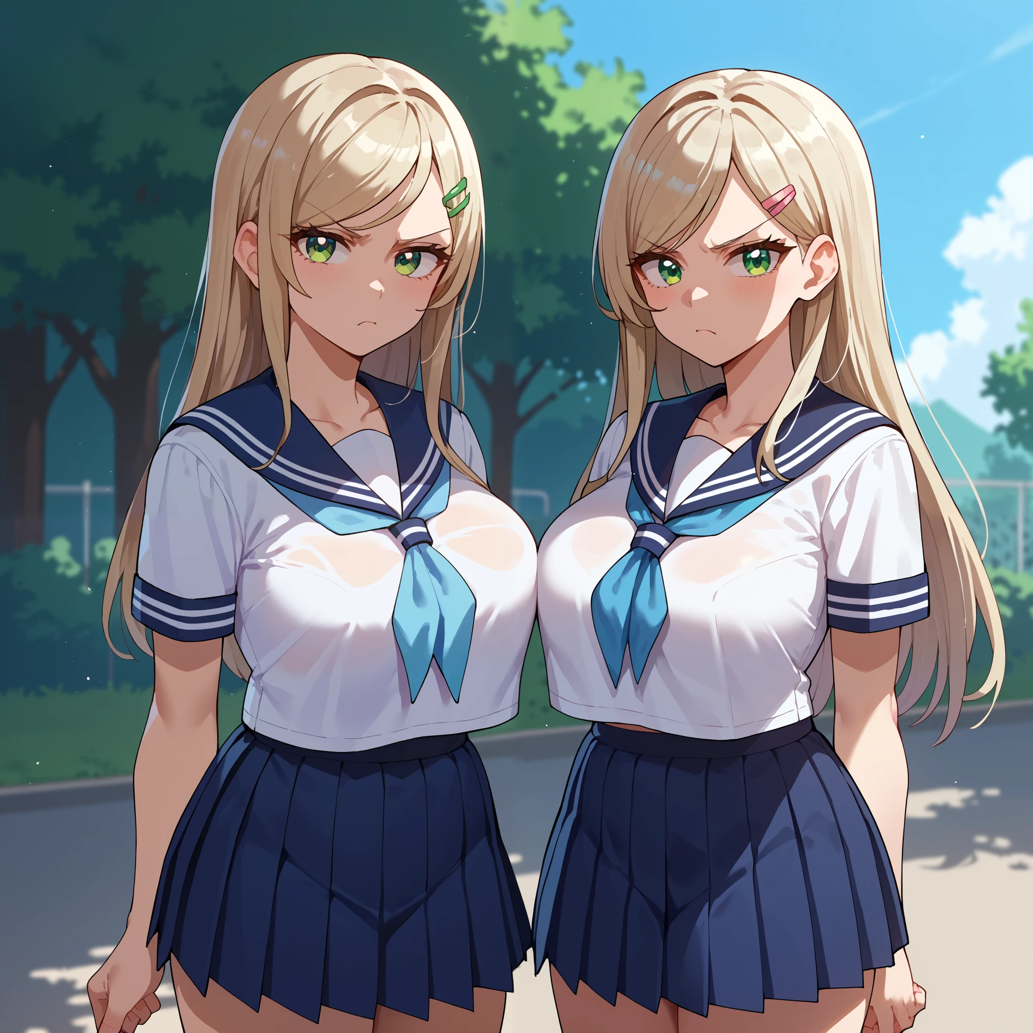 {{score_9, score_8_up, score_7_up, score_6_up, score_5_up, score_4_up, source_anime}} outdoors, school, 2girls, two girls next to each other, cowboy shot, looking at viewer, platinum blonde hair, swept bangs, long hair, pink hairclip, green eyes, large breasts, serafuku, sailor shirt, blue neckerchief, pleated skirt, annoyed,