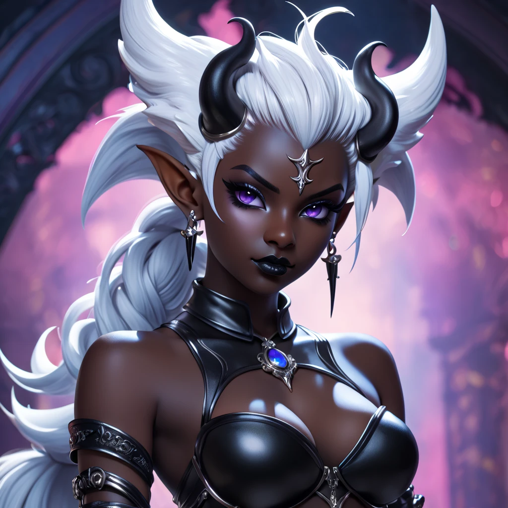 score_9, score_8_up, score_7_up, ((Masterpiece)), ((highres)), ((1person, 1girl, 1female)), Random poses, beautifully detailed succubus girl, ((white mohawk w/ponytail)), defined elf ears with ear guages, defined eyes, pastel iris, long eye lashes, defined nose, black lipstick, curvy, (((Black skin))), black demon horns, breasts, night sky, pastel gothic style, gothic style art, gothic asthetic, (((gothic horror background))), bust shot