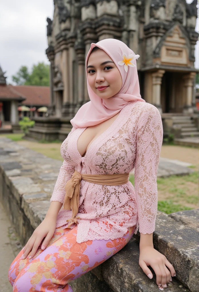 a beautiful Indonesian woman wearing hijab, sexy curvy body, big breast, mini jasmine flower on her hijab, longsleeve unbuttoned kebaya, sitting on the rock infront of hindu temple as background details. look at the viewer, natural light realistic photography, wide angle shot,