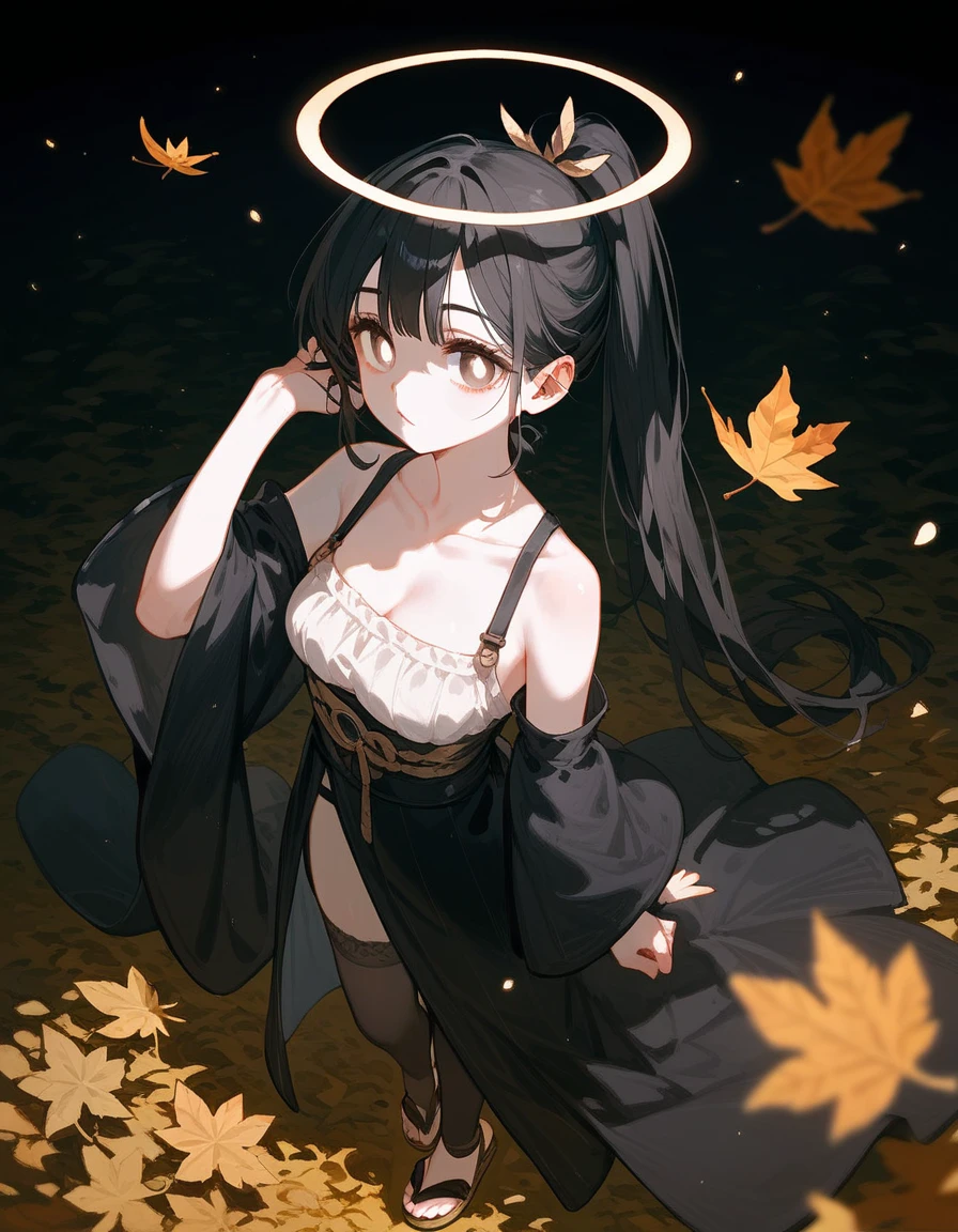 Solomon,White skin,2-sided ponytail,Black hair,In copper eyes, Long Black Robe , put on long black stockings,Sandals , with leaves on the head ,Dark circles under the eyes, medium chest,halo, Open Shoulder Blouse