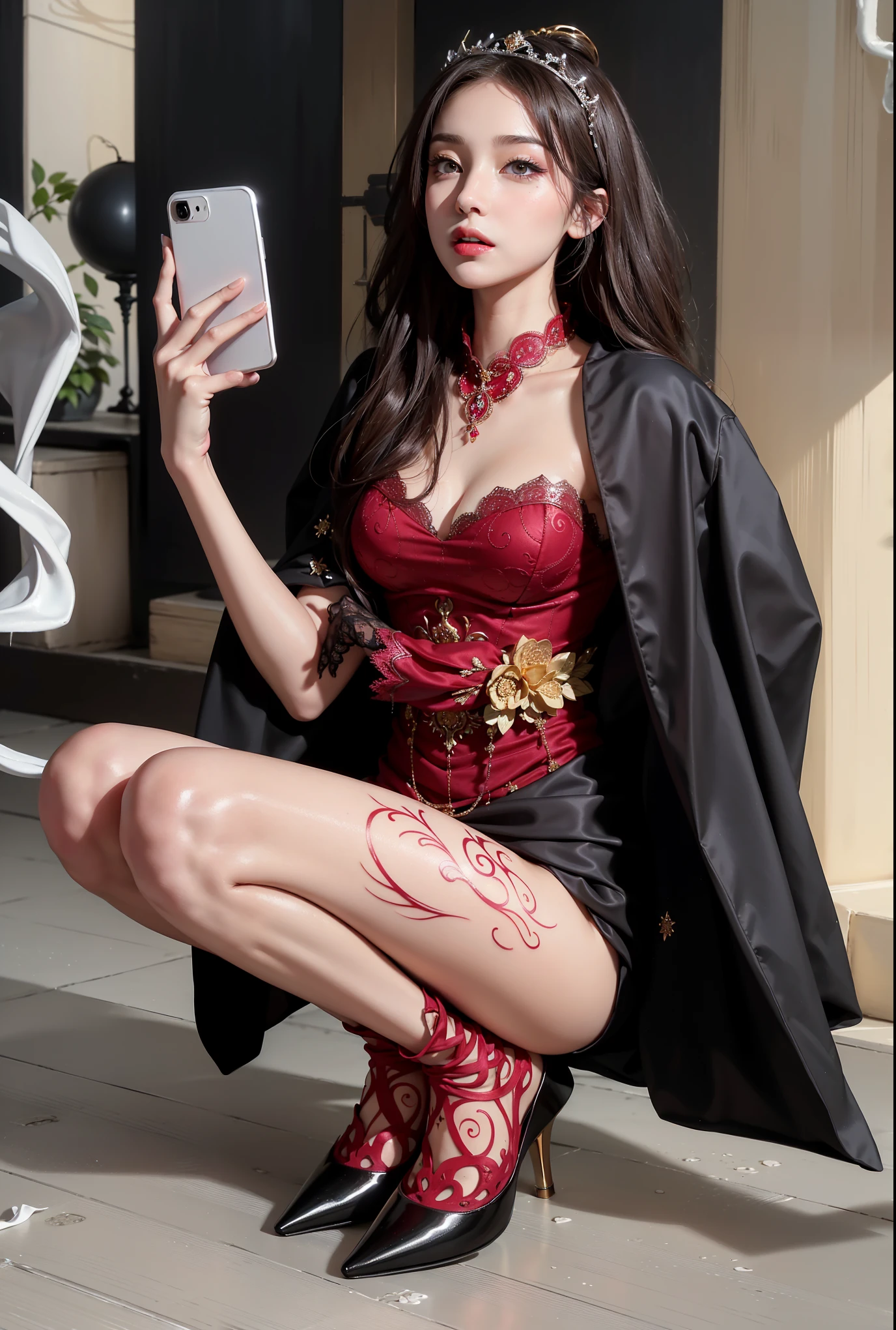 ((masterpiece, high quality, best quality, 8k, wallpaper, detailed, realistic)), 2girls, samurai swords, korean popstar, thighhighs, high heels, long legs, black hair, pretty hands, fringe, full body, (multiple girls:1.4), simple red background, palm trees, (graffiti wall:1.2), muscular, strong, courageous holding samurai swords