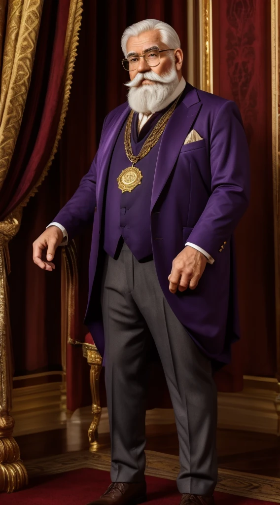 on the smaller side in height, pudgy, elderly, male, wearing dark purple noble suit, "short white hair and beard and mustache", wearing small rectangular reading glasses, golden necklace with royal emblem in the center, full body