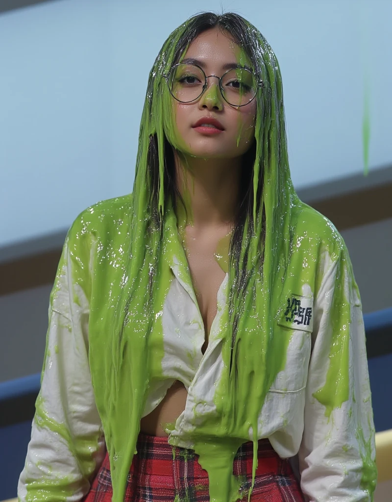 Portrait photograph of Asian woman covered in green water . hyper-realistic style. Long fake eyelashes. 8k. Photorealistic. Glistening slime. Green slime. Dripping slime. Raw photo. Asian Instagram influencer. Asian model. (Asian schoolgirl: 1.1). black eyeshadow. Horizon. F/1.4 aperture. 35mm. White unbuttoned dress shirt with cleavage reveal. Red Plaid skirt. (Cleavage, Large breasts:1.1). White shirt ripped open. Wet. Messy hair. Large black eyeglasses.