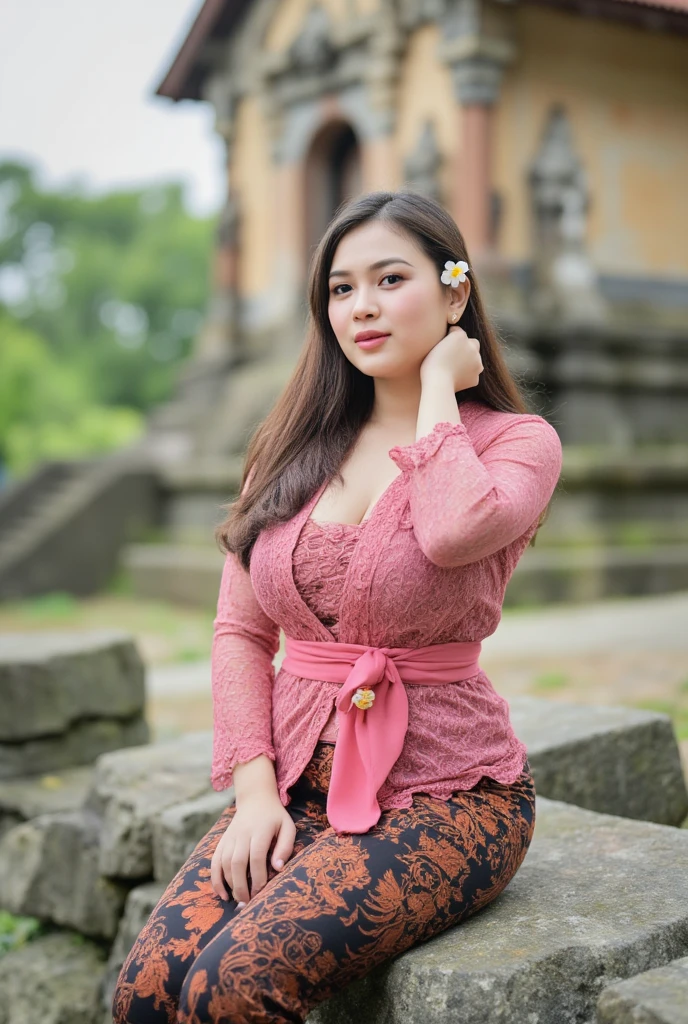 a beautiful Indonesian woman wearing hijab, sexy curvy body, big breast, mini jasmine flower on her hijab, longsleeve unbuttoned kebaya, sitting on the rock infront of hindu temple as background details. look at the viewer, natural light realistic photography, wide angle shot,