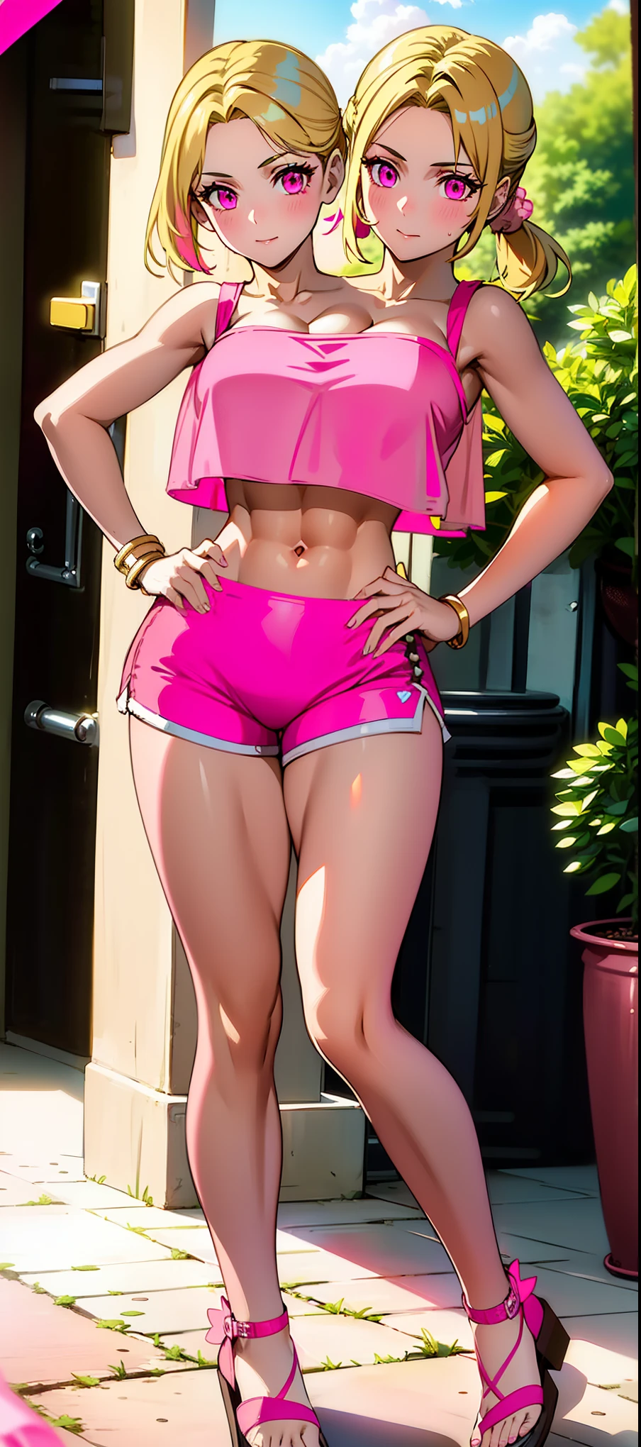 (masterpiece),(ultra-detailed), (high quality), (high resolution), best quality:1.5, UHD, 4K), best quality, masterpiece, 4k, ((two heads:1.5)), ((blonde hair)), cleavage, ((pink crop top:1.5)), lustrous and smooth skin, (seductive silhouette), sexy proportions, Beautiful girl with accentuated slender abs, ((full body)), ((exposed midriff)), body con outfit, strapless, sleeveless, matching eye color, ((pony tail)), ((sandals)), ((hot pants)), skirt pants