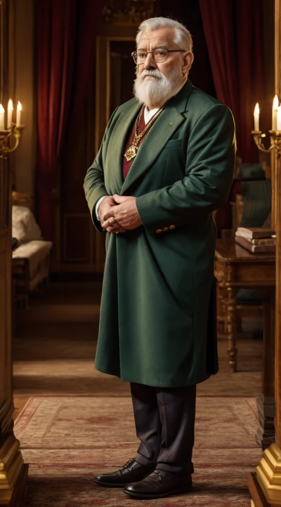 on the smaller side in height, pudgy, elderly, male, wearing dark green noble suit, "short white hair and beard and mustache", wearing small rectangular reading glasses, golden necklace with royal emblem in the center, full body