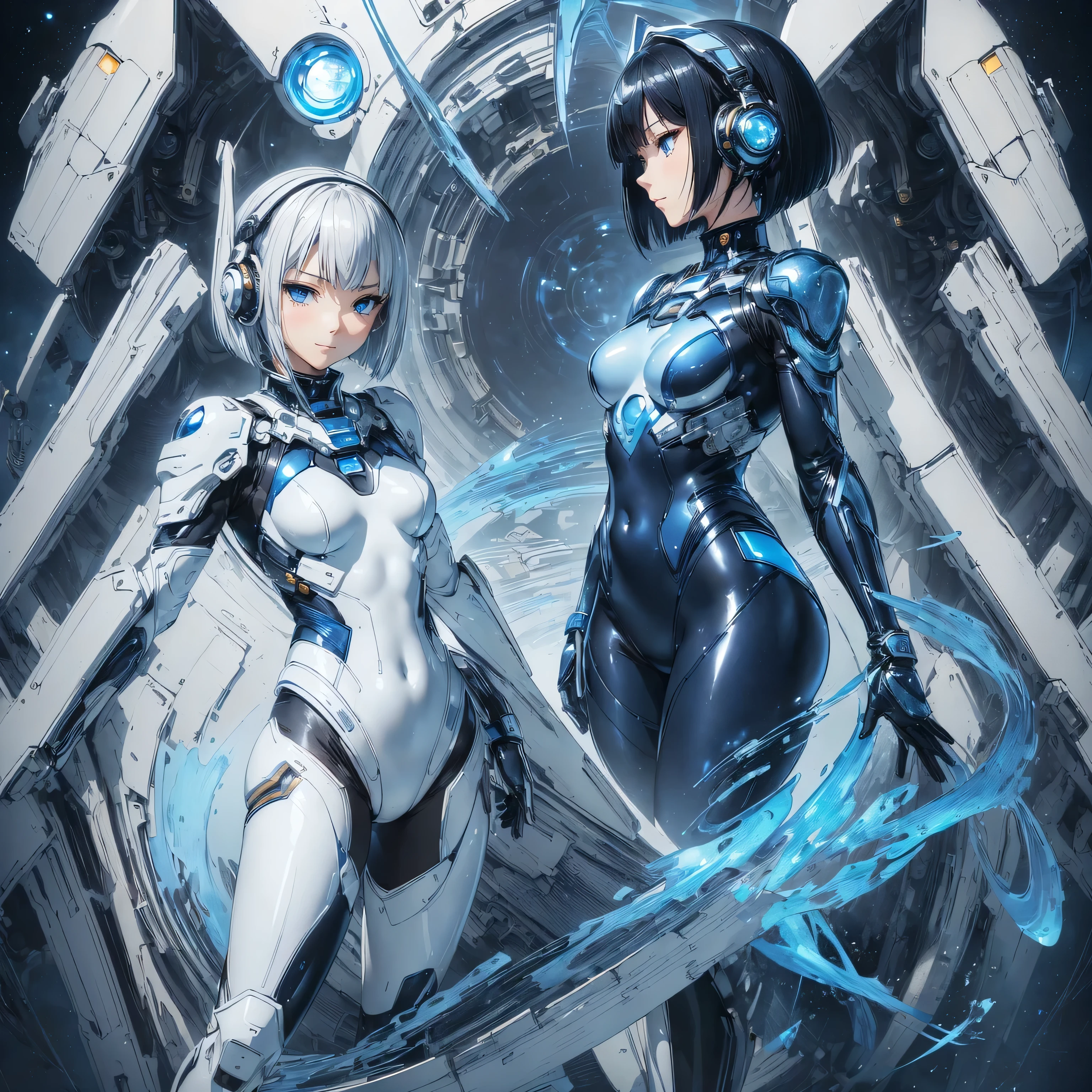 (masterpiece、Highest quality、Highest Resolution、Clear_image、Detailed details): (Whole body、One 20 year old girl、Japanese Faces、Small Face、Slender、Navy blue super short bob cut hair、(Hidden small breasts:1.3)、Sparkling blue eyes、A shiny patent leather pilot suit in white, blue and black、Chest protection armor、Clothes that cover the whole body、Very delicate and beautiful、Detailed Skin、Clothes that hide the thighs、Clothes that cover the buttocks、cute、Cute、A gentle smile、Soft expression、heroine、headset、Knee-high boots、Elbow-length gloves、Eye Level Shot、Peace talks between warring factions,attention arousal, smart blue eyes,Face directly、Woman on a spaceship)