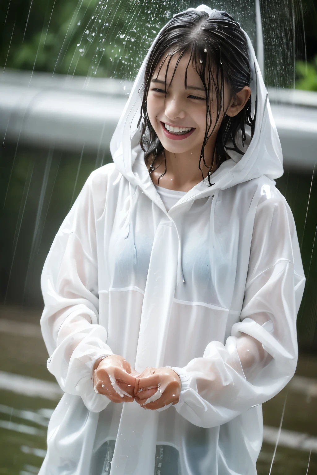 best image quality, masterpiece, ultra high resolution, (fidelity :1.4), photograph, 1 girl,[(sorrow)],white shirt, Desperate, sympathize with, Pathetic, cinematic,tear,teardrop,, (wet clothes:1.5), real rain,wet hair,alone,  textured skin,  shortcuts, wet face,Small park,alone,  teeth and laugh, Grin,  Big Breasts , whole body, squatting, anatomically correct:1.5