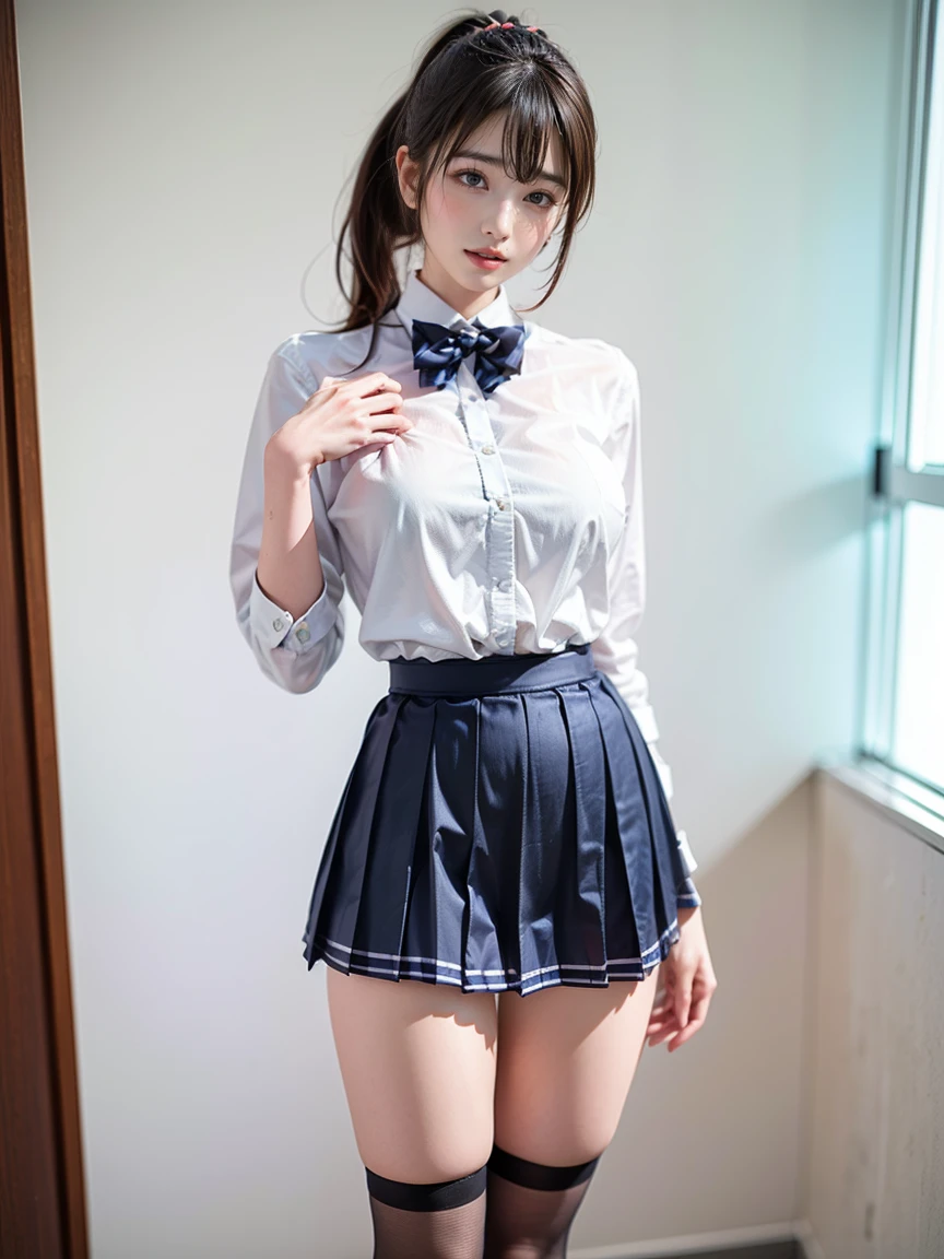 young girl, Best quality, masterpiece, ultra high res, (Authentic skin texture:1.3), (Highly detailed beautiful faces), Amazing faces and the most eye-catching qualities:1.4), full body, amazing face and eyes, a pink eyes, (tight high school school uniforms, short Pleated mini skirt:1.3), ponytail hair, Brown hair, schools, classroom, large full breasts,Big breasts and a thin waist, ((Erotic,Sexy and sexually explicit)), 