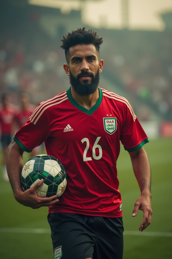 A very bearded hairy strong Persian man wearing the El Salvador national football team uniform. He must wear a blue shirt with white details and the Salvadoran Football Federation shield on the chest.. The shorts must be white with blue details., and the socks, blue with a white stripe. His expression should be confident, e a pose, Stately, reflecting their strength and pride by wearing the uniform, waving the Nicaraguan flag in the field.