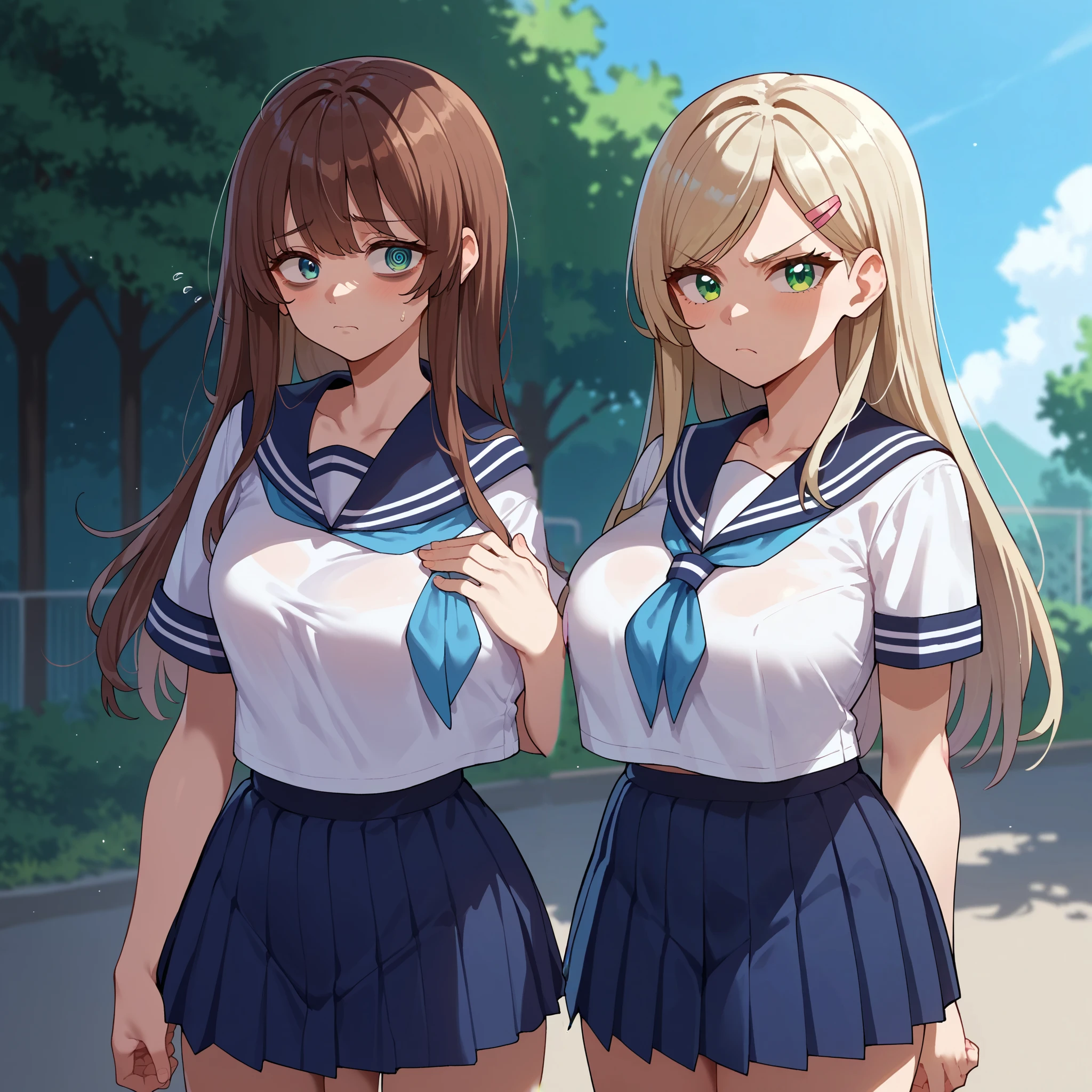 {{score_9, score_8_up, score_7_up, score_6_up, score_5_up, score_4_up, source_anime}} 1girls, outdoors, school, cowboy shot, medium breasts, bags under eyes, nervous, hand to chest, brown hair, long hair, long bangs, hair over one eye, serafuku, sailor shirt, blue neckerchief, looking at viewer, medium breasts, blue eyes, nyantcha