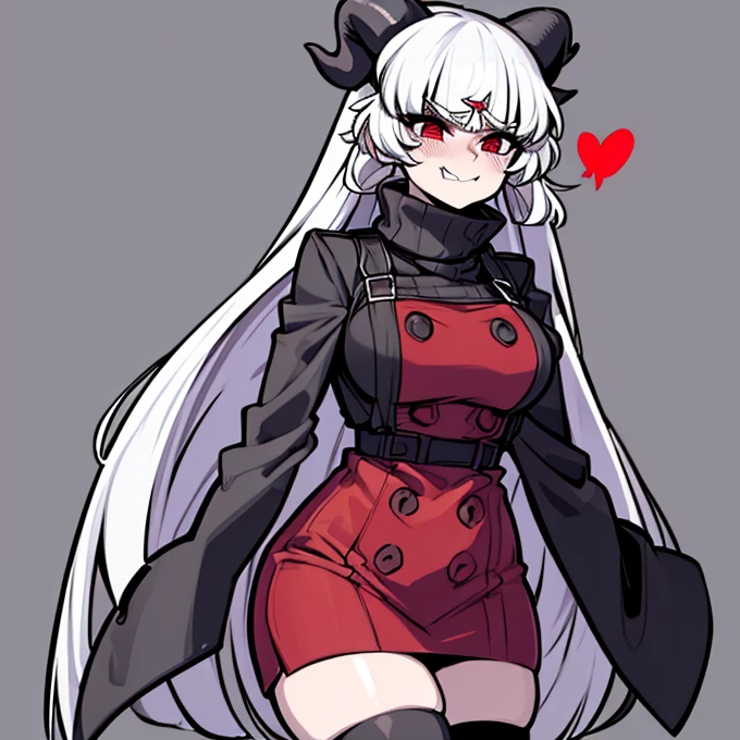 modeus(helltaker), black horns, large breasts, simple background, red eyes, long sleeves, closed mouth, symbol-shaped pupils, clothes tug, white background, black thighhighs, solo, sweater, long hair, white hair, medium hair, demon tail, sleeves past wrists, ribbed sweater, thighhighs, blush, turtleneck, 1girl, turtleneck sweater, heart, demon horns, tail, leaning forward, black tail, horns, heart-shaped pupils, red sweater, looking at viewer, hair between eyes, cowboy shot, demon girl