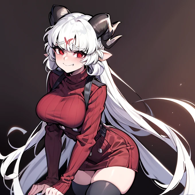 modeus(helltaker), black horns, large breasts, simple background, red eyes, long sleeves, closed mouth, symbol-shaped pupils, clothes tug, white background, black thighhighs, solo, sweater, long hair, white hair, medium hair, demon tail, sleeves past wrists, ribbed sweater, thighhighs, blush, turtleneck, 1girl, turtleneck sweater, heart, demon horns, tail, leaning forward, black tail, horns, heart-shaped pupils, red sweater, looking at viewer, hair between eyes, cowboy shot, demon girl