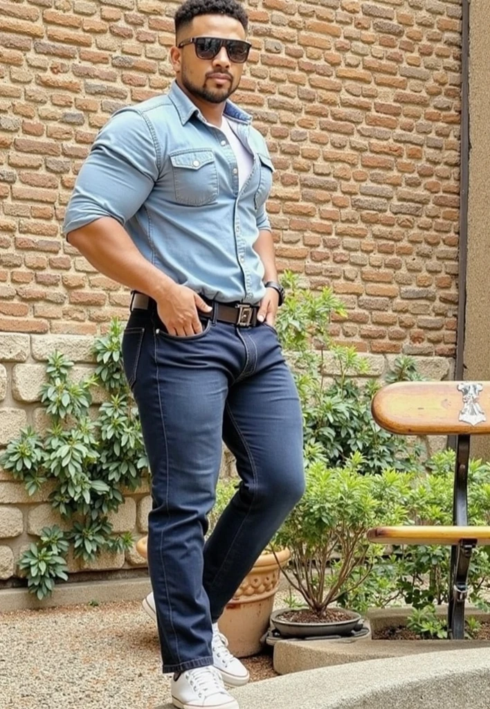 araffe man sitting on a bench with a camera in his hand, white shirt and blue jeans, mexican vaquero, full body picture, full body photogenic shot, mid-shot of a hunky, 🐎🍑, dressed in 1970s menswear, mohamed chahin style, stylish pose, masculine pose, full body portrait shot, andres rios