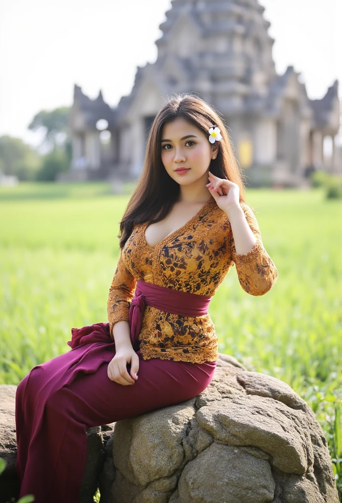 a beautiful Indonesian woman wearing hijab, sexy curvy body, big breast, mini jasmine flower on her hijab, longsleeve unbuttoned kebaya, sitting on the rock infront of hindu temple as background details. look at the viewer, natural light realistic photography, wide angle shot,