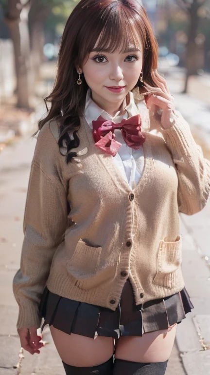 best quality, long hair, smile,(black thighhighs:1.66), (8k, best quality, masterpiece:1.2), (realistic, photo-realistic:1.37), ultra-detailed, full body, small waist, 1 girl,cute, solo,beautiful detailed ,night,sitting,dating,(nose blush),(smile:1.15),(grin) large breasts,(fantasy breasts),(red checkered pleated skirt:1.44), beautiful detailed eyes,(pink school girl cardigan buttoned:1.33),(wearing red checkered bowtie in neck:1),<lora:chilloutmixss_xss10:1>,(pink straight hair:1.66),(metal edge round frame gold wire glasses:1.44)