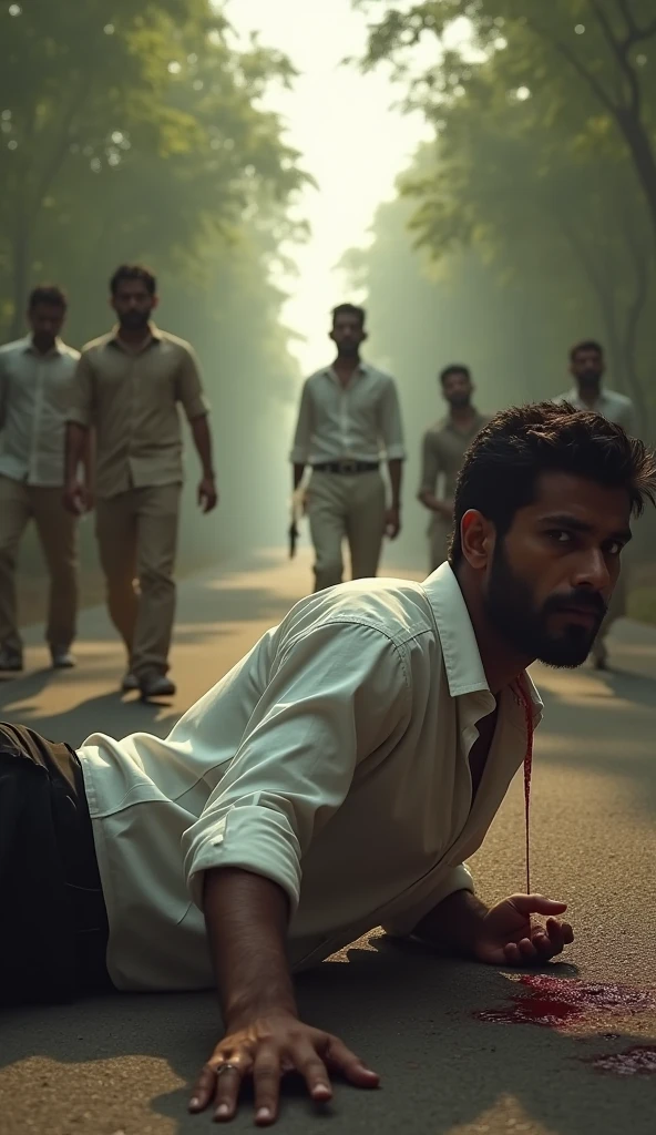 Main character:-actor ram charan with body with white shirt and black jeans and black shoes in his shirt blood drops are visible and listings music in wire earphone and smiling with chill mood. And
Background:- in the glass place every were every where in was blood and dead body laying in the floor. Dead body are there
Villains:- huge body builders more than 50 peoples with dangerous weapon and move the weapons towards main character and in full angry mood going to kill white shirt man and all body builders look him