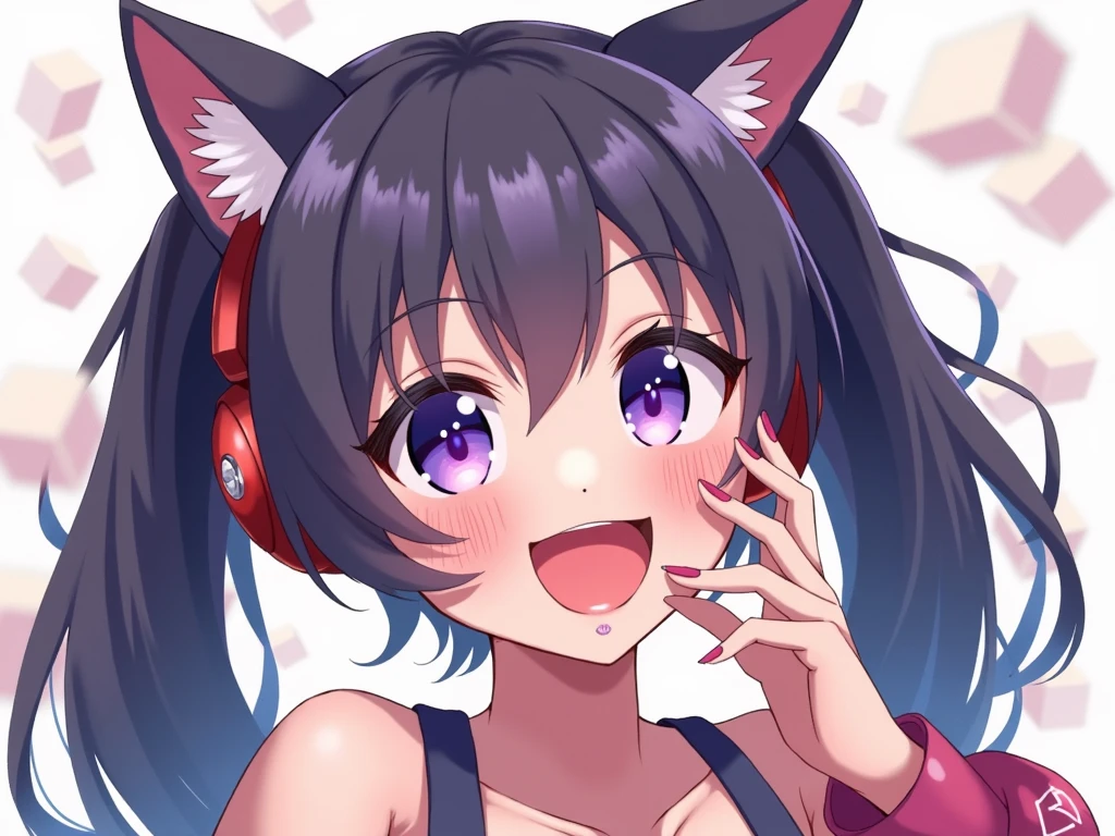 black hair, hair bobbles, wince, longeyelashes, solid circle eyes, fake animal ears, light smile, ear blush, fang, big breast, Surrealism, drop shadow, anaglyph, stereogram, tachi-e, pov, atmospheric perspective, 8k, super detail, ccurate, best quality