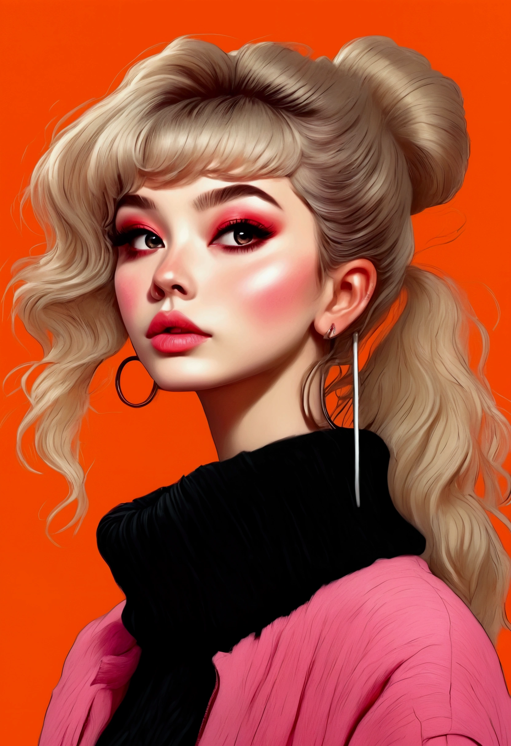  a young blonde woman with bangs ,  long false eyelashes , pink makeup,  pink lips half-open lips subtle and mischievous smile , collar,  with an olive colored turtleneck turtleneck Earmuffs Pompom Plush For Ears Cold Winter scarf,  jacket with hair hoodies over her shoulders , on an orange background ,  she brings a hand to her face black painted nails a small black heart tattoo , face slightly tilted to the side , camera from below, esteticismo, Obra de arte ,, Amazing Ilya Kuvshinov,  ilya Kuvshinov with long hair ,  a young blonde woman with bangs ,  long false eyelashes , pink makeup,  pink lips half-open lips subtle and mischievous smile , collar,  with an olive colored turtleneck turtleneck Earmuffs Pompom Plush For Ears Cold Winter scarf,  jacket with hair hoodies over her shoulders , on an orange background ,  she brings a hand to her face black painted nails a small black heart tattoo , face slightly tilted to the side , camera from below, esteticismo, Obra de arte ,, Amazing Ilya Kuvshinov,  ilya Kuvshinov with long hair , UHD, Retina,  masterpiece , Accurate, Super detail, high details,  high quality ,  award winning , best quality, highres, 1080P, HD, 16K,UHD, Retina,  masterpiece , Accurate, Super detail, high details,  high quality ,  award winning , best quality, highres, 1080P, HD, 16K