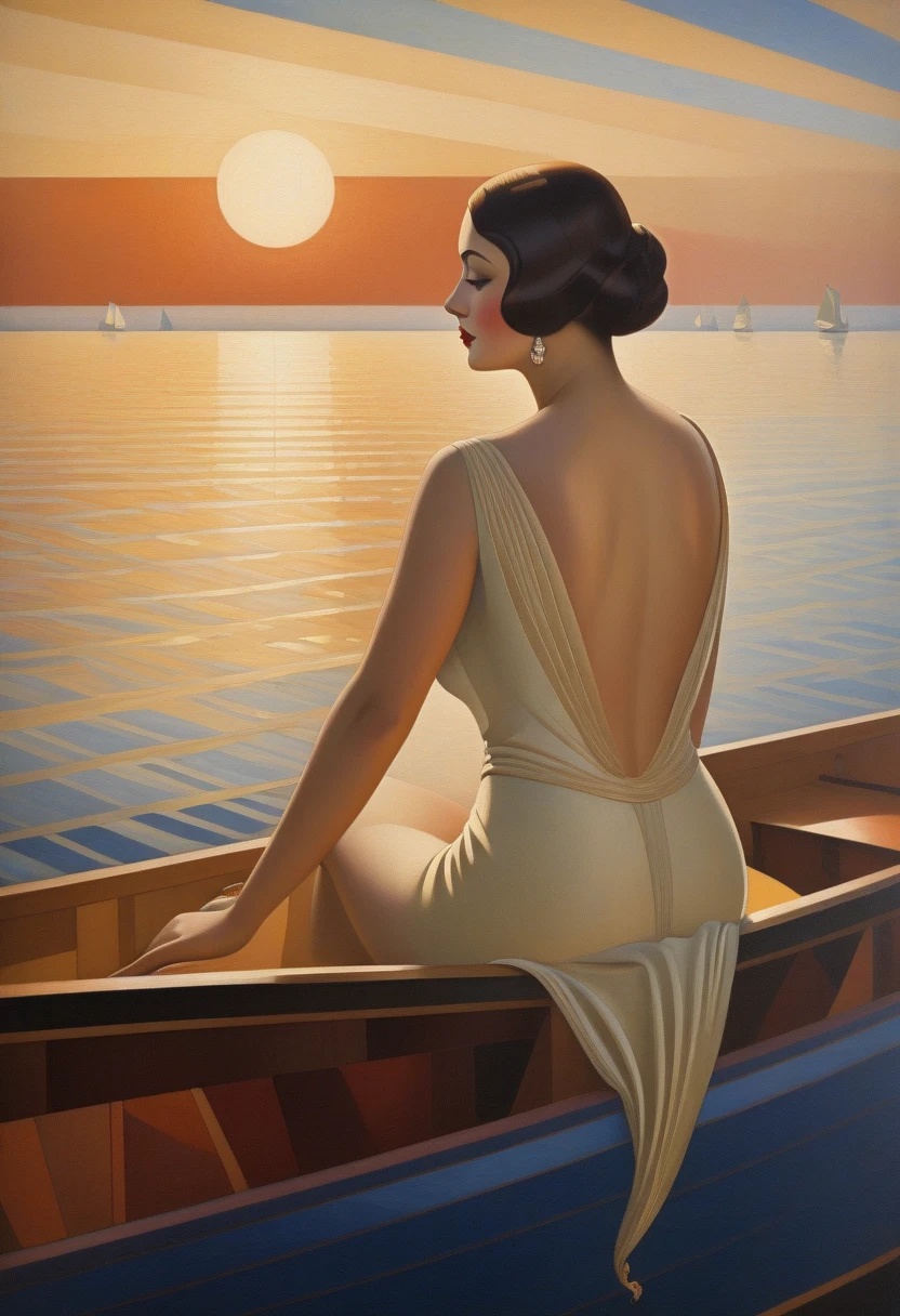 painting of a nude woman on a boat, art deco painting, art deco era), art deco portrait, georgy kurasov, cinematic. art deco, beautiful retro art, intricate art deco patterns, realistic art deco, hyperrealist art nouveau, art nuveau, modern art noveau, art noveau painting, art deco illustration