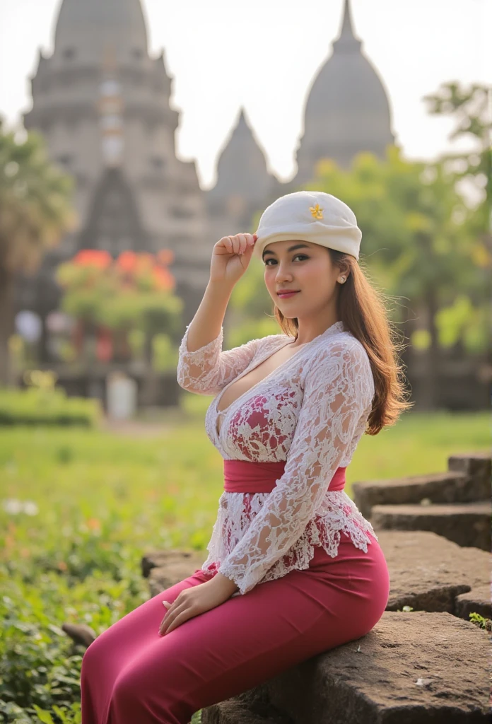 a beautiful Indonesian woman wearing hijab, (hijab) sexy curvy body, big breast, mini jasmine flower on her hijab, longsleeve unbuttoned kebaya, sitting on the rock infront of hindu temple as background details. look at the viewer, natural light realistic photography, wide angle shot,